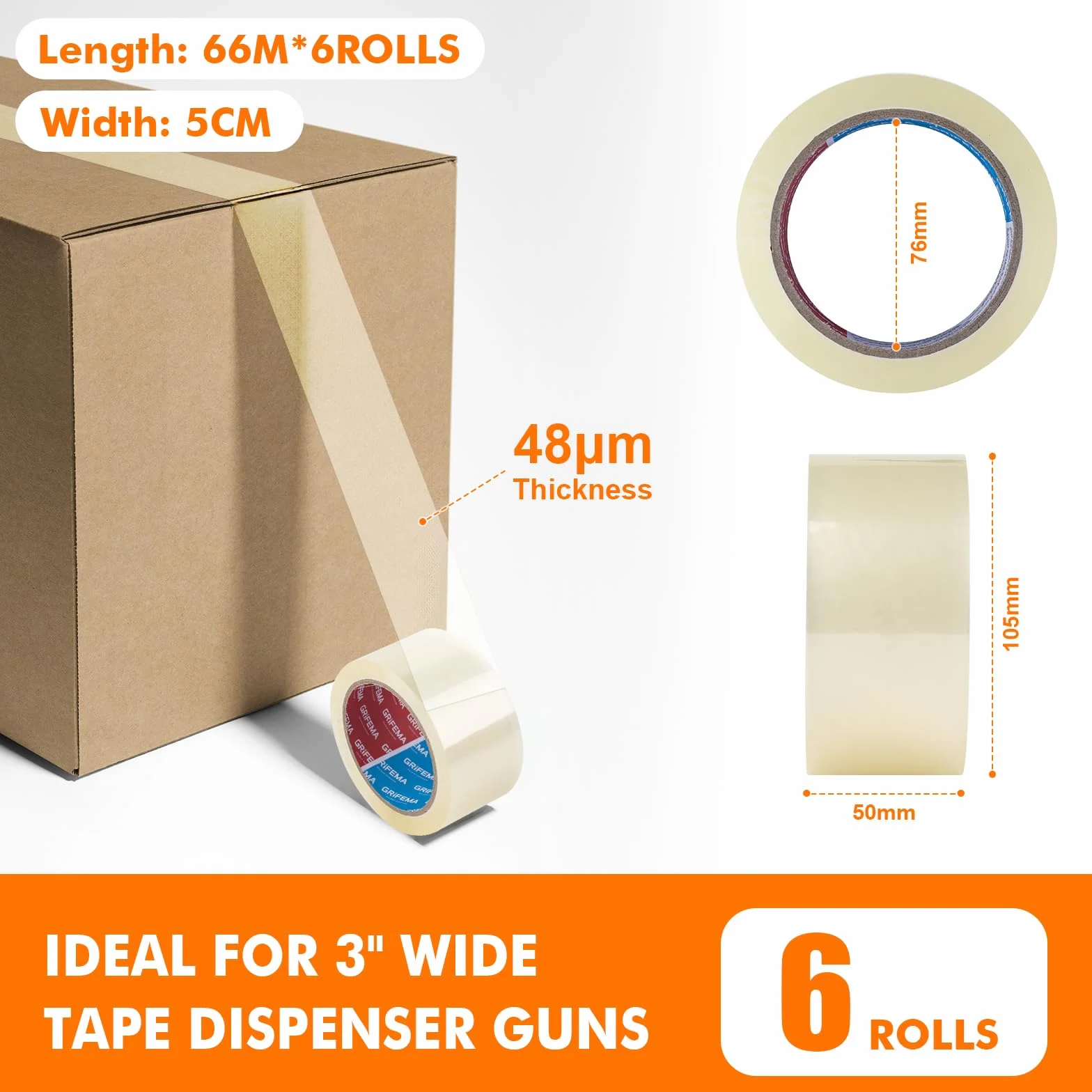 GRIFEMA GA4003-6, Cinta de Embalaje Silenciosa para Embalar Cajas de Cartón para Envíos y Mudanzas, Transparente, 66 m x 50 mm, 6 Rollos
