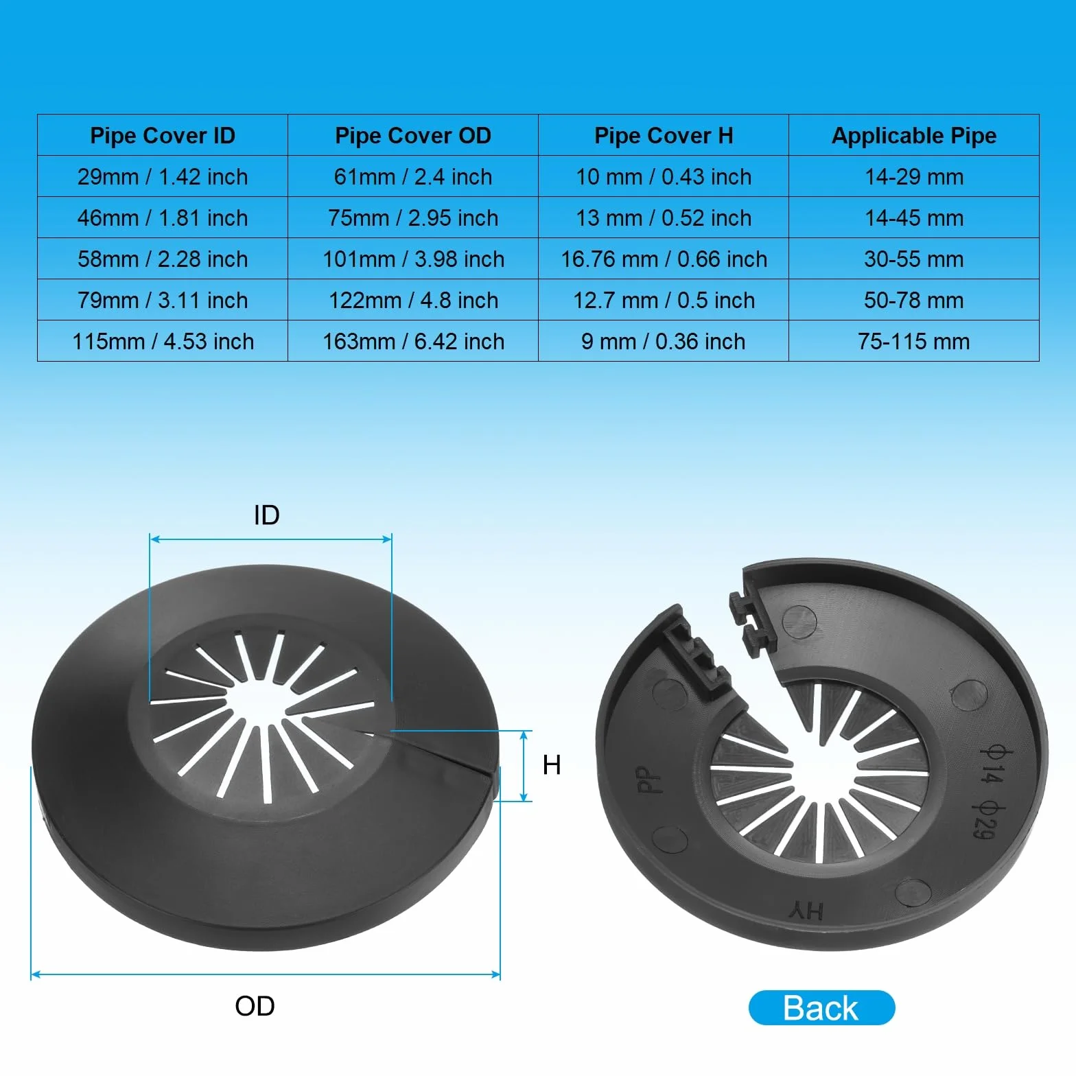 PATIKIL Cubierta de Tubería de Agua para Decoración Ajuste 0.55"-1.14" (14-29mm), 8 Piezas de Brida de Tubería de Agua de Plástico PP Placa de Escudo Collar, Negro