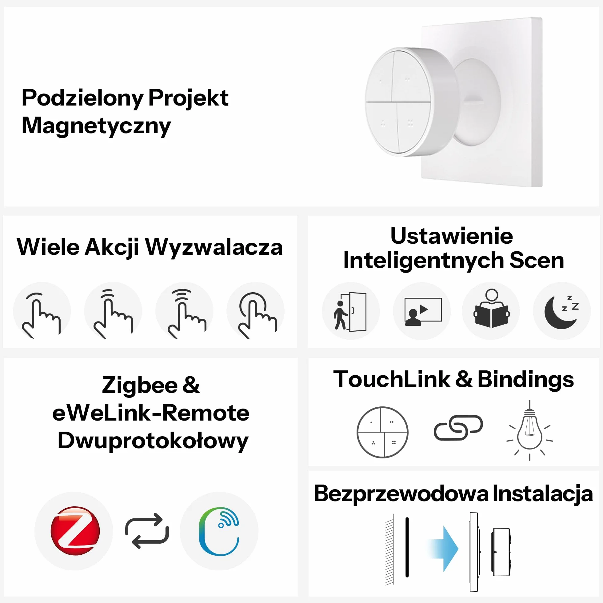 Botón Inteligente Sonoff SNZB-01M 4 en 1 Inalámbrico ZigBee Blanco | 16 acciones, Zigbee Binding & TouchLink Control de luz, compatible con Home Assistant, SmartThings, Hub requerido