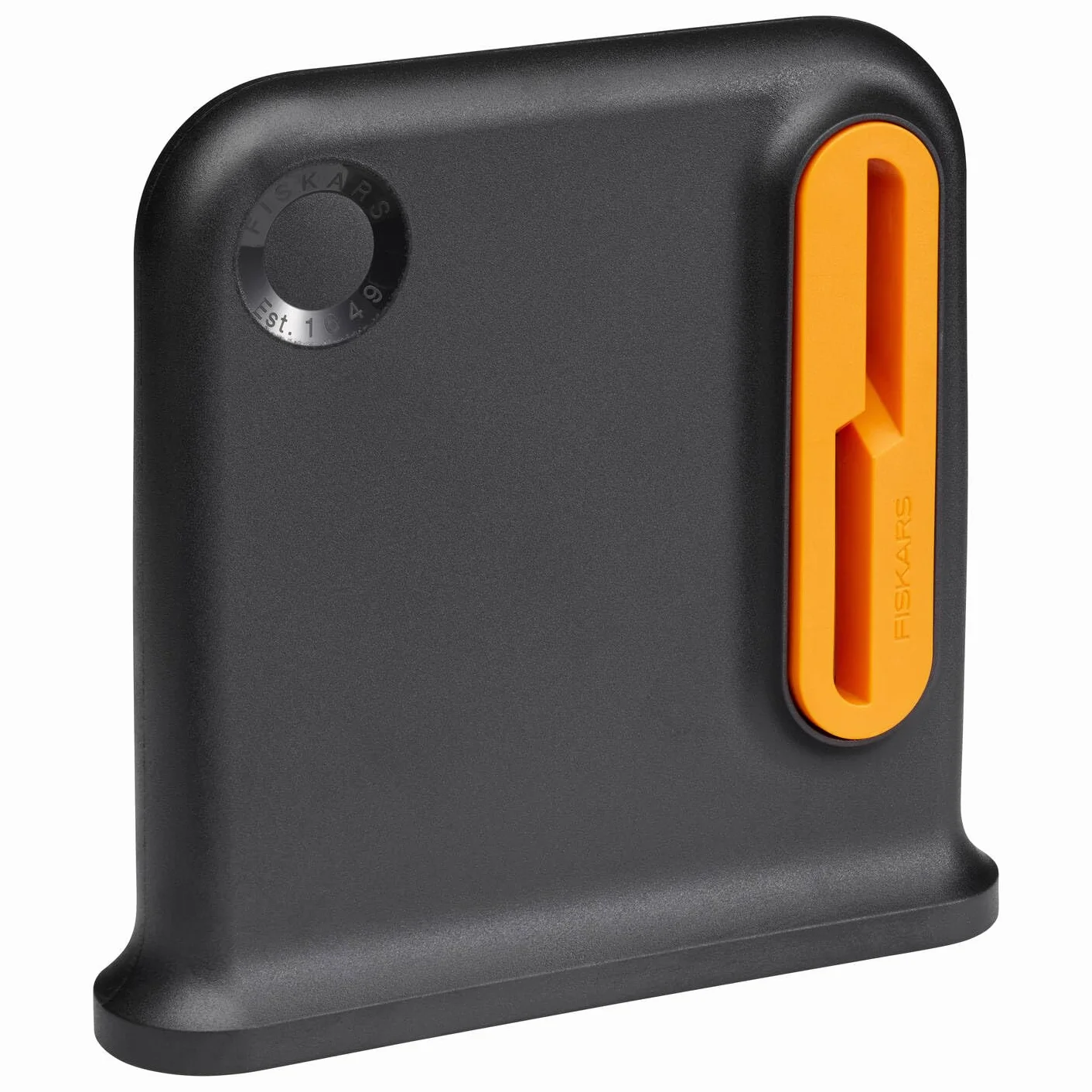 Fiskars Afilador de Tijeras, Idóneo Para Tijeras Multiusos Para Diestros, Diseño Ergonómico, Mínimo 55% de Material Reciclado, Carcasa de ABS Reciclado al 80%, Negro/Naranja, 1081129