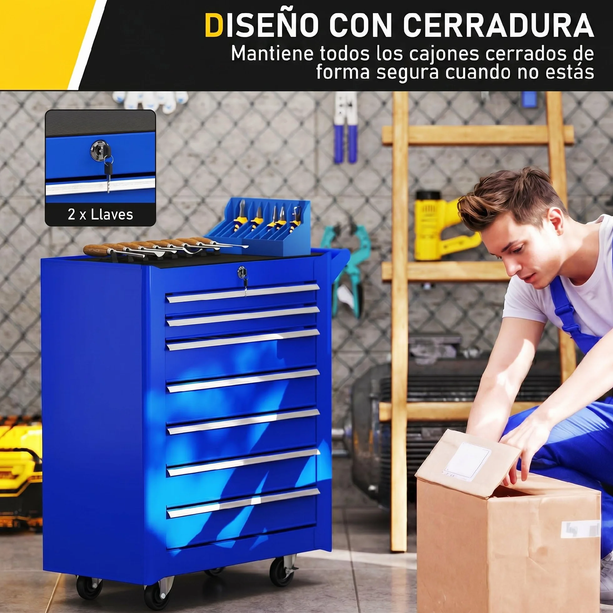 DURHAND Carro de Herramientas 7 Cajones con Cerradura, Asa, 2 Ruedas Freno de Bloqueo, Azul
