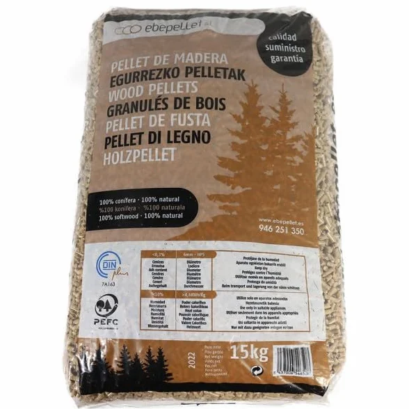 Sacos de Pellets Din Plus A1 15kg 100% conífera 100% natural para estufas y calderas de biomasa 6mm