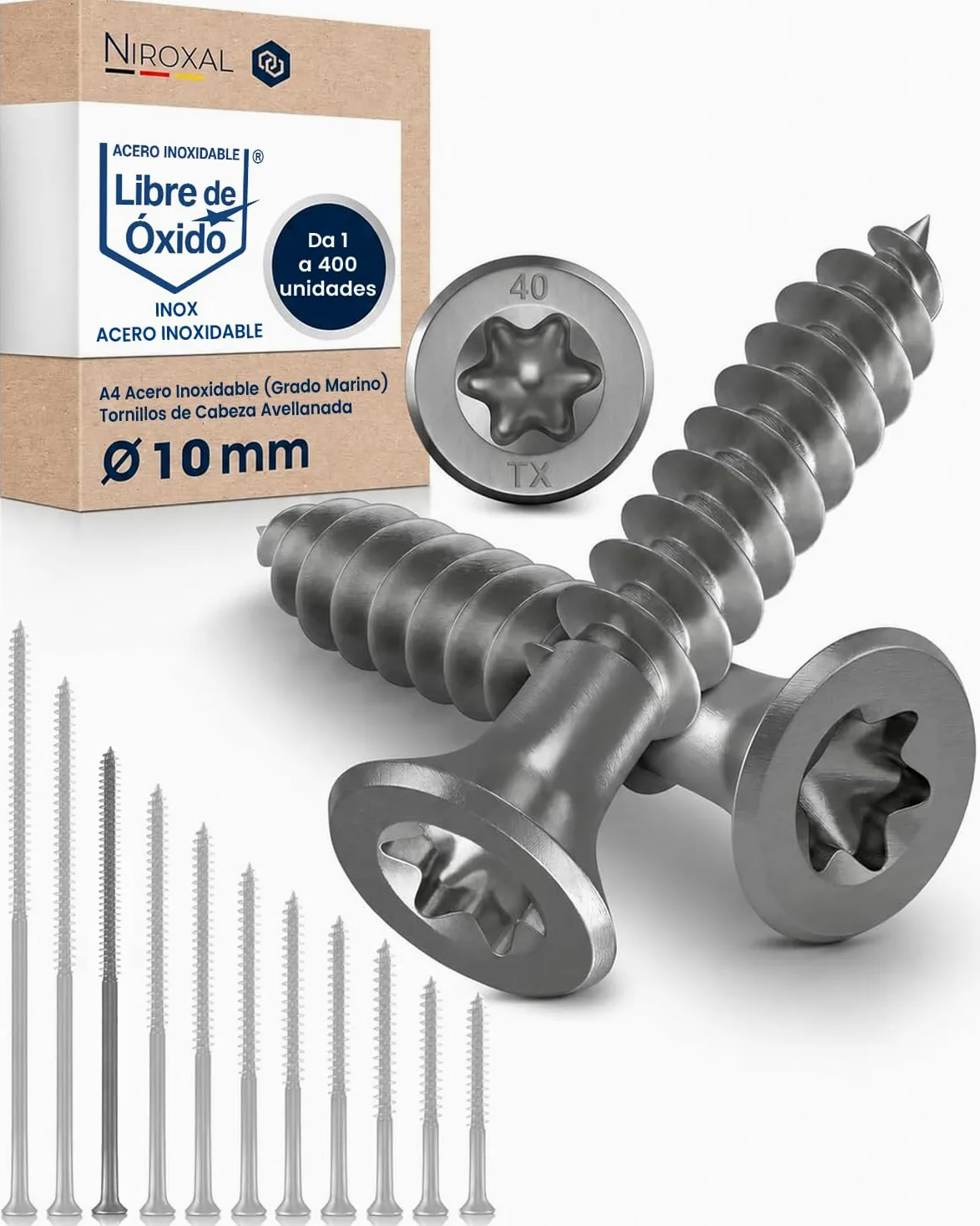 Tornillos para madera de acero inoxidable A2 cabeza avellanada Torx TX40 – Rosca parcial – 10x220 mm – 100 unidades – Tornillos universales para madera
