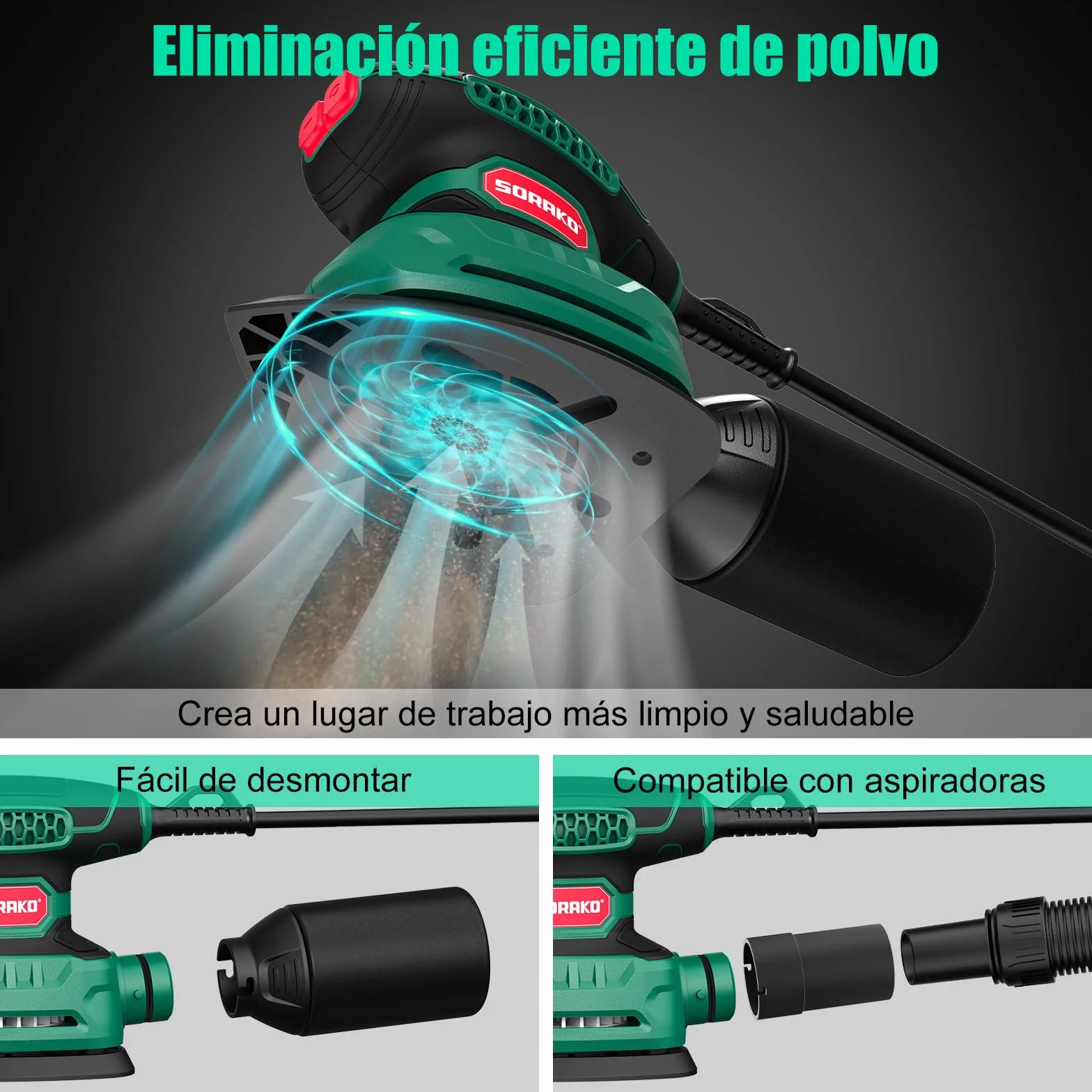 SORAKO Lijadora Madera 220W 14000 OPM Lijadora Electrica Con Bolsa Para Polvo Y 16 Hojas De Lija, Ideal Para Lijar Superficies De Madera Y Acero En Espacios Reducidos