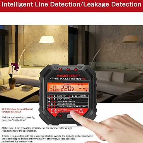 Walfront Probador Enchufes HT107D Comprobador Tomas Eléctricas 7 Modos LED Pantalla LCD Detector Voltaje Falla Red EU 90-250V