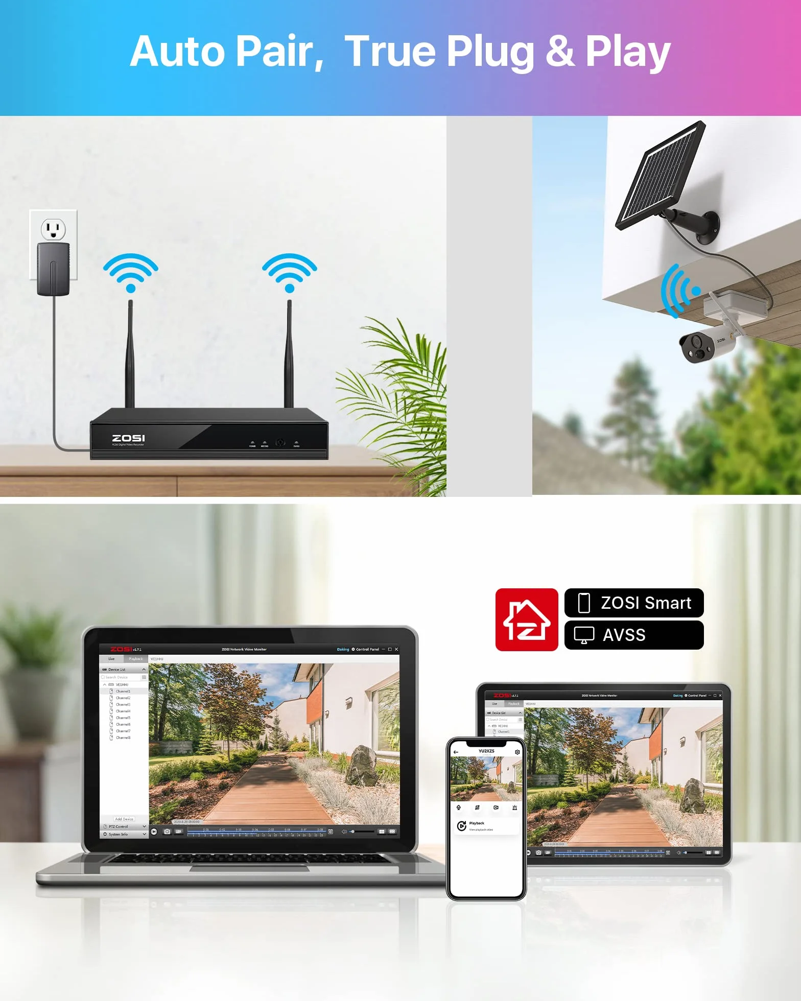 ZOSI C306PK 8CH 2K 3MP Kit de Cámara de Vigilancia WiFi de Batería Recargable y Panel Solar, 3pcs Cámaras IP con Visión Nocturna en Color, Audio, Alarma Sonora y Luminosa, 1TB HDD Incluido