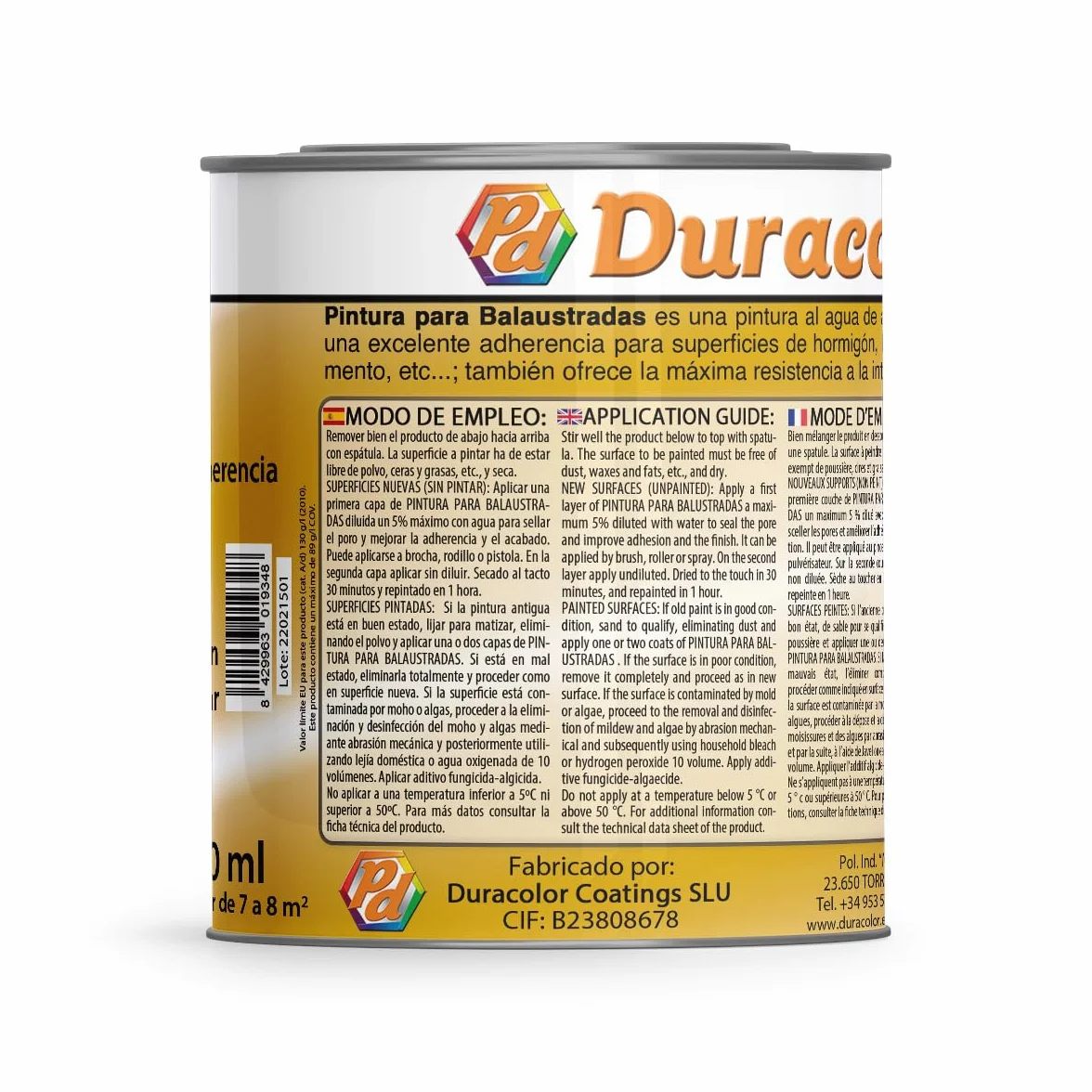 Pintura para Balaustradas Al Agua - Color Blanco - 750 ml - Impermeabilidad al Agua de la Lluvia - Superficie Interior y Exterior - Acabado Satinado - No amarillea - Secado Rápido - Duracolor
