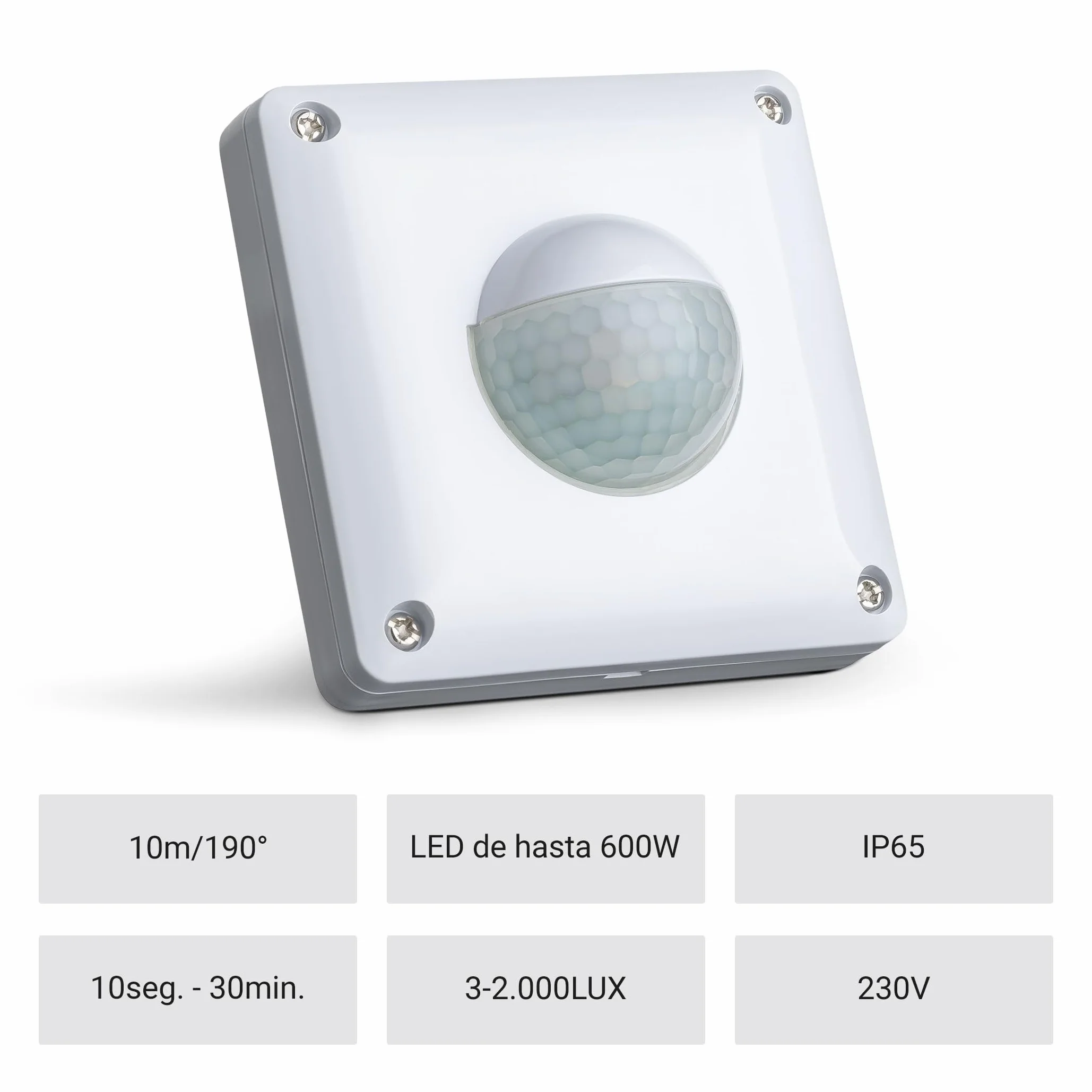 SEBSON Detector de Movimiento Exterior IP65, Sensor Infrarrojos, Alcance 10m 190°, Montaje Empotrado 53x53x23mm