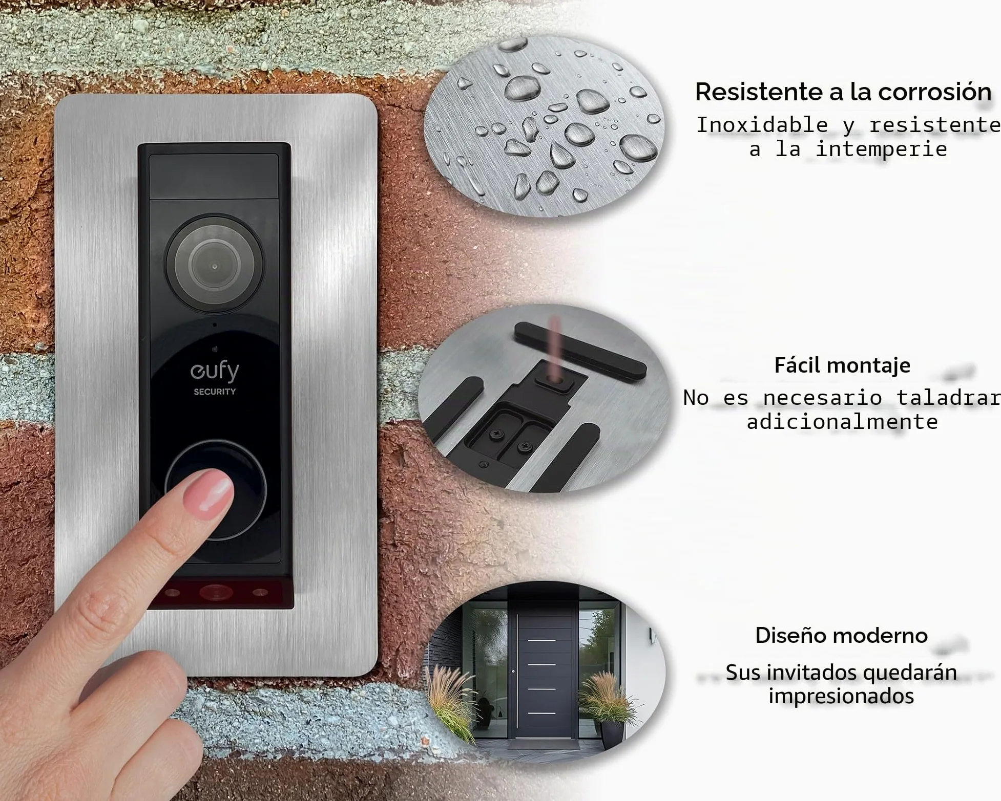 Cubierta de acero inoxidable para timbre Eufy Video E340 S330 S220 | Placa de timbre | Accesorios para soporte Eufy timbre con cámara (también C31 C30 Dual 2K HD FHD) | Pantalla Chime