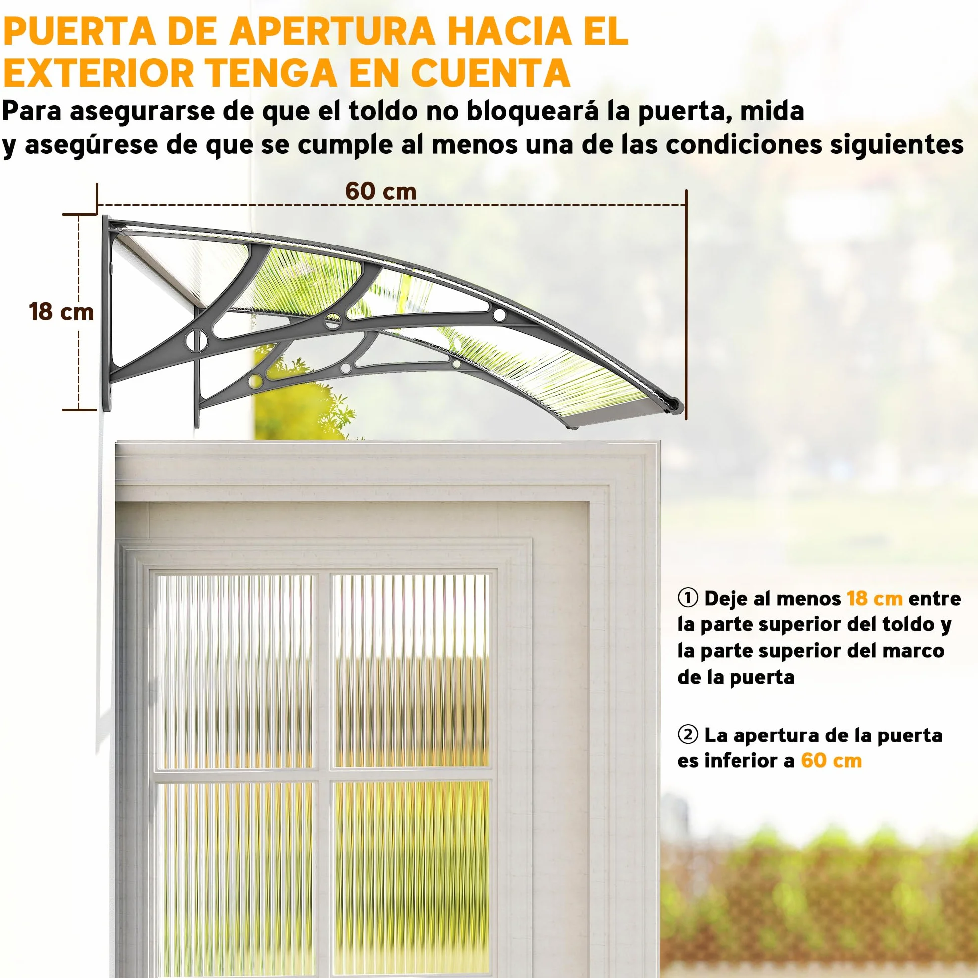 Outsunny Marquesina Exterior 110x60 cm Tejadillo Protección Sol Lluvia Policarbonato Soportes PP Regleta Aluminio Gris Transparente