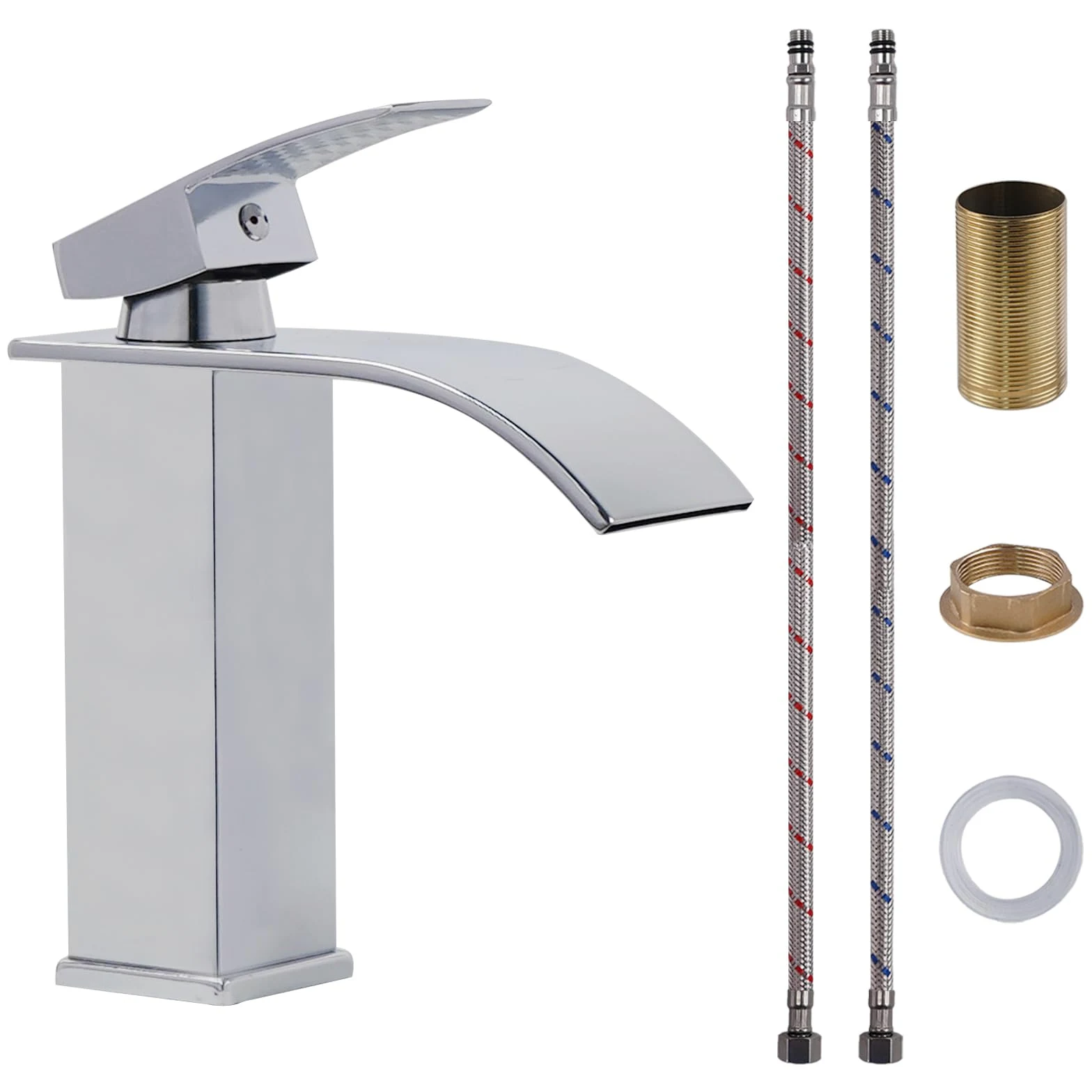 Grifo Lavabo Cascada Acero Inoxidable Grifo Monomando Lavabo de Agua Caliente y Fría Grifos para Lavabos de Baño con Cartuchos Cerámicos Grifería de Bajo Consumo Cromado Plata