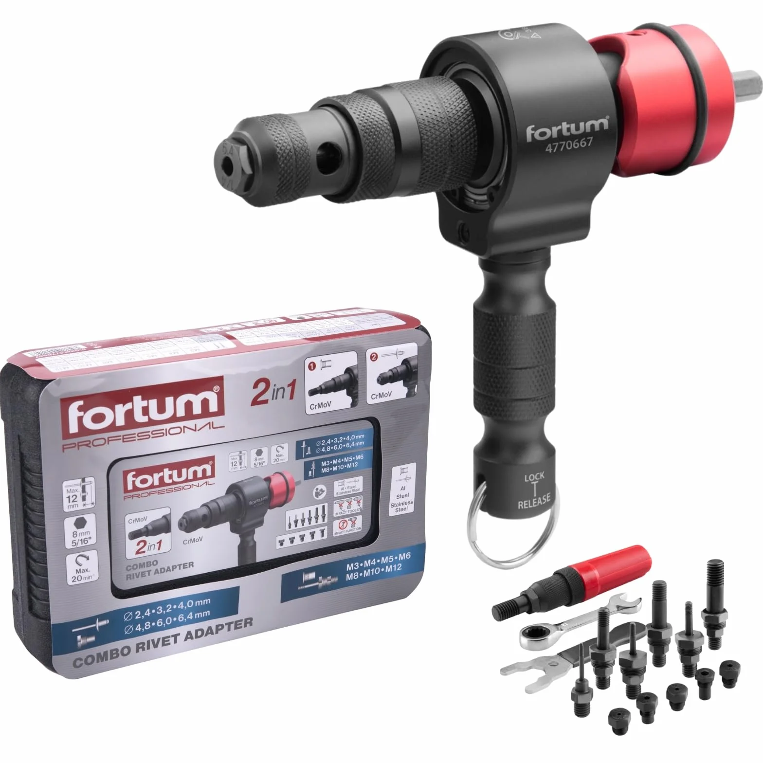 Adaptador 2 en 1 para Remachadora para Taladro y Atornillador | Para Remaches Ciegos y Tuercas Remachadas de Aluminio, Acero y Acero Inoxidable | Remaches 2,4-6,4 mm + Tuercas Remachadas M3-M12