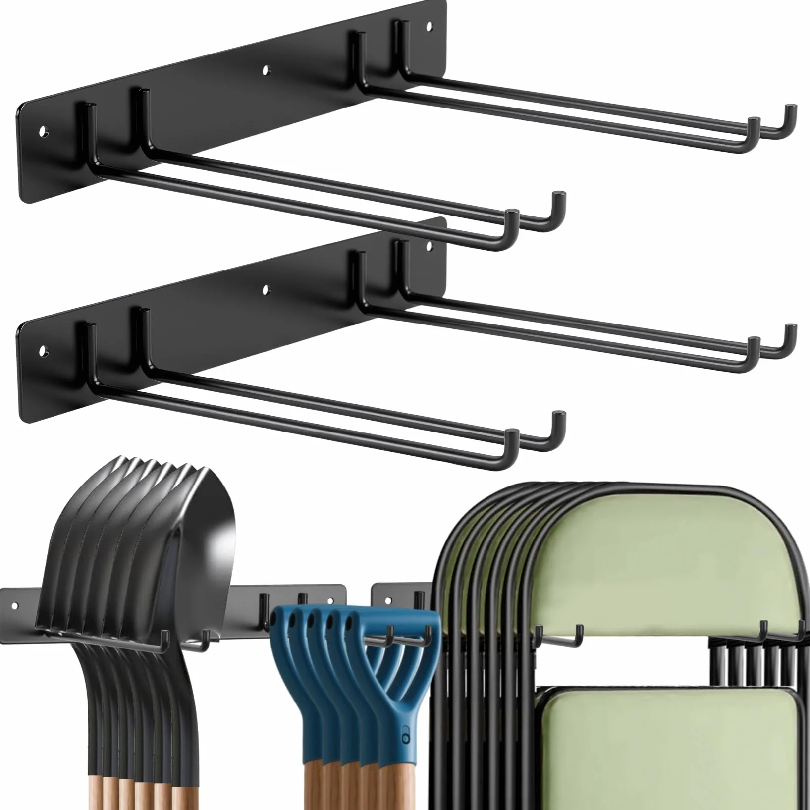 Soporte plegable para sillas/herramientas de jardín con ganchos. Portaobjetos para garaje, césped, playa, camping. Hecho de hierro macizo, capacidad máxima 109 kg (240 libras). Envase de 2 unidades