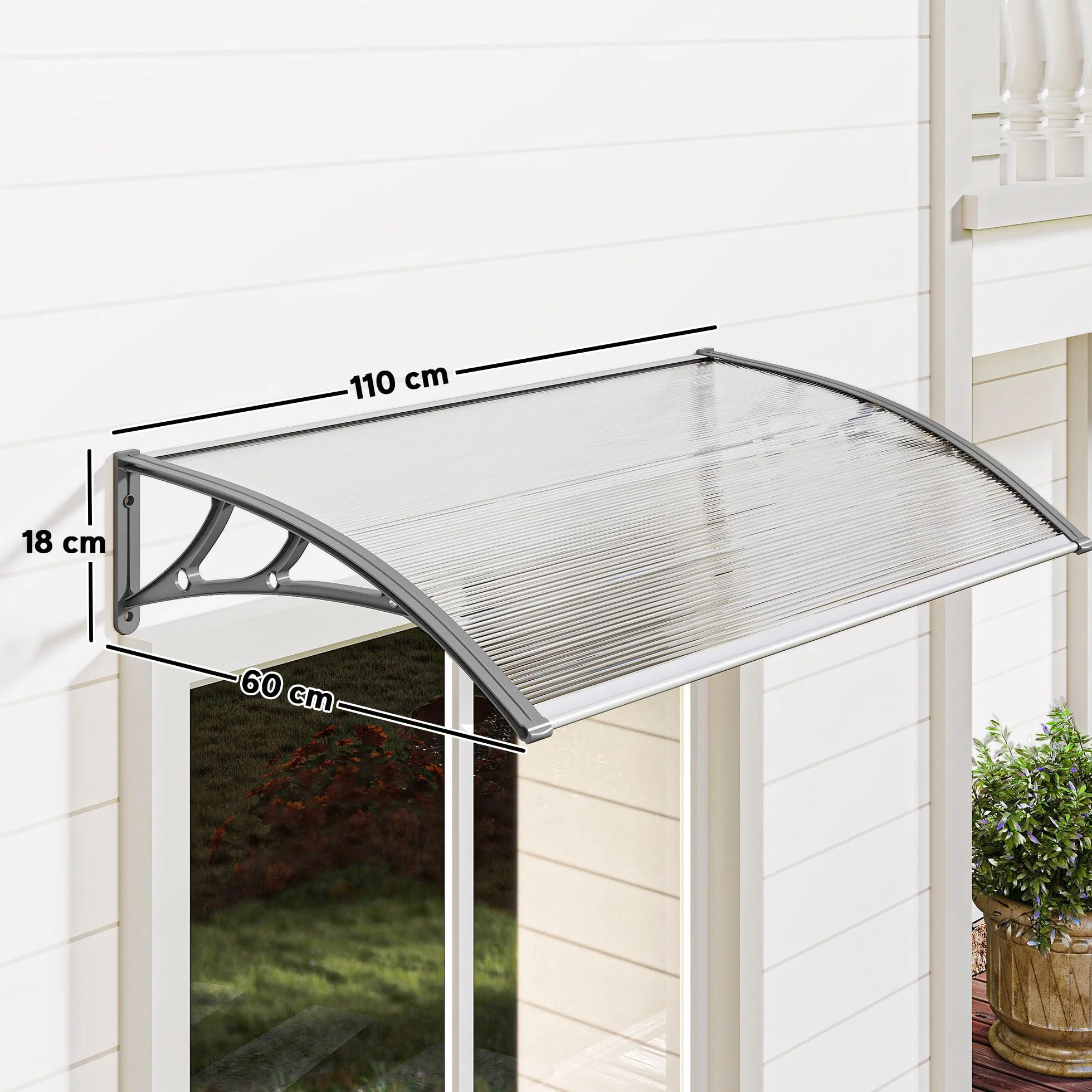 Outsunny Marquesina Exterior 110x60 cm Tejadillo Protección Sol Lluvia Policarbonato Soportes PP Regleta Aluminio Gris Transparente