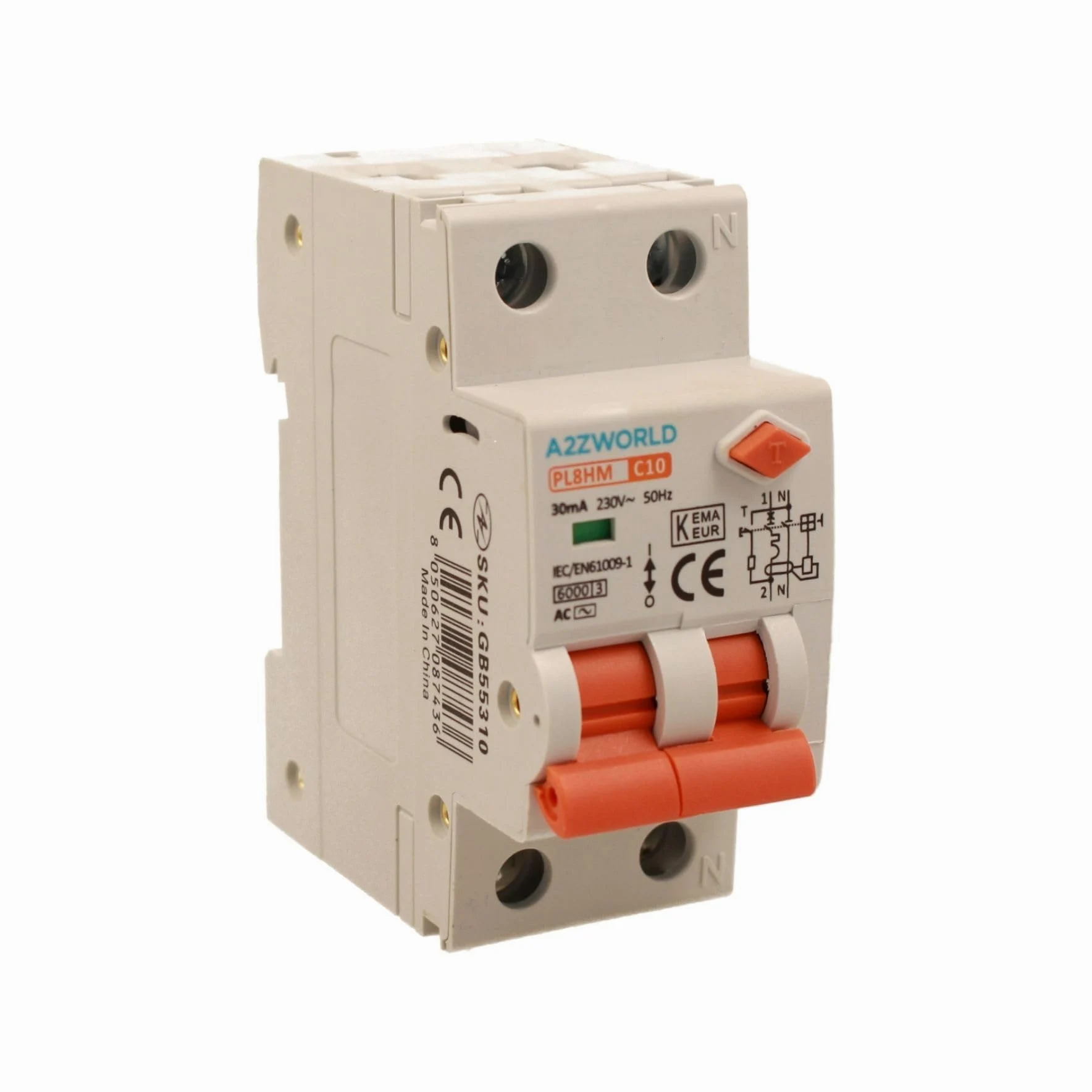 Interruptor magnetotérmico diferencial 30 mA 10 A C10, RCBO Tipo AC Curva C, 1P + N 6 kA 30 mA, 2 módulos DIN