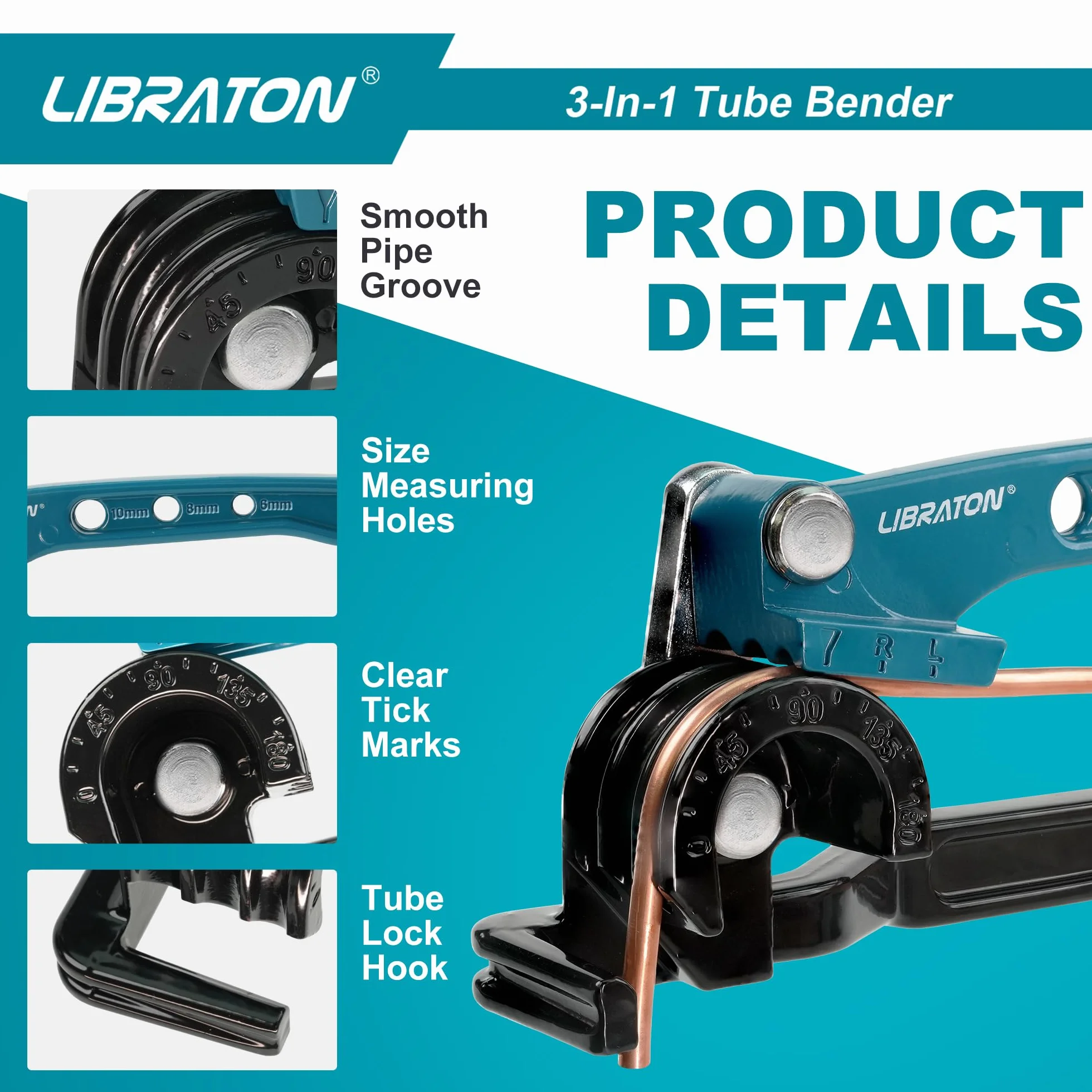 Libraton Curvadora de Tubo, Doblador de Tubos Manual 180 Grados, Herramienta de Doblado de Tubos para Tubos 6mm 8mm 10mm, Doblador Manual para Tubería de Cobre Latón Aluminio y Acero Fino