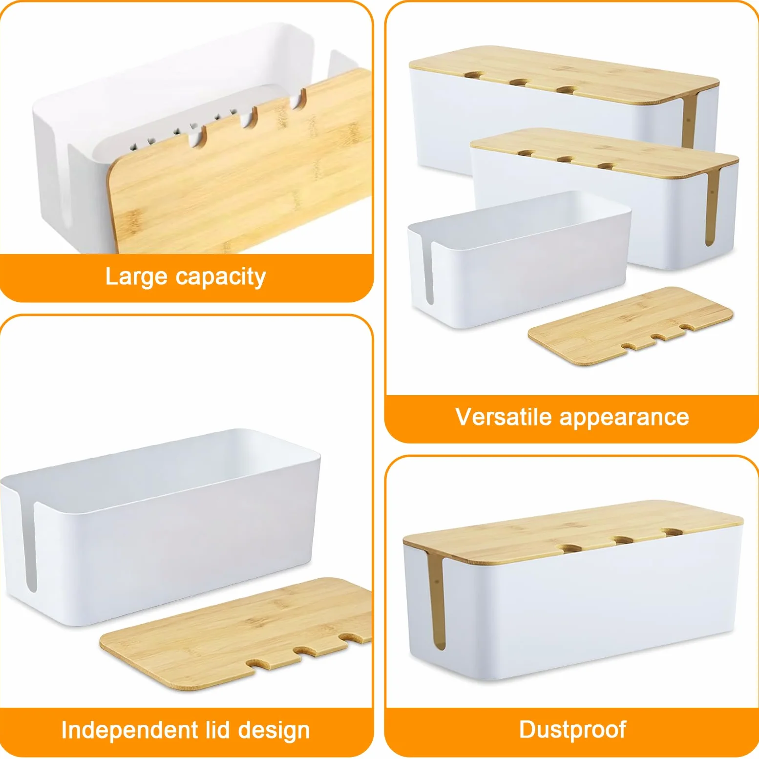 Juego de 3 Caja Cables Blancas, Caja Cables Organizador con Tapas de Bambú de Tres Tamaños, Caja Organizadora de Cable con Tapa de Madera Perforada, Caja para Cable con Bridas