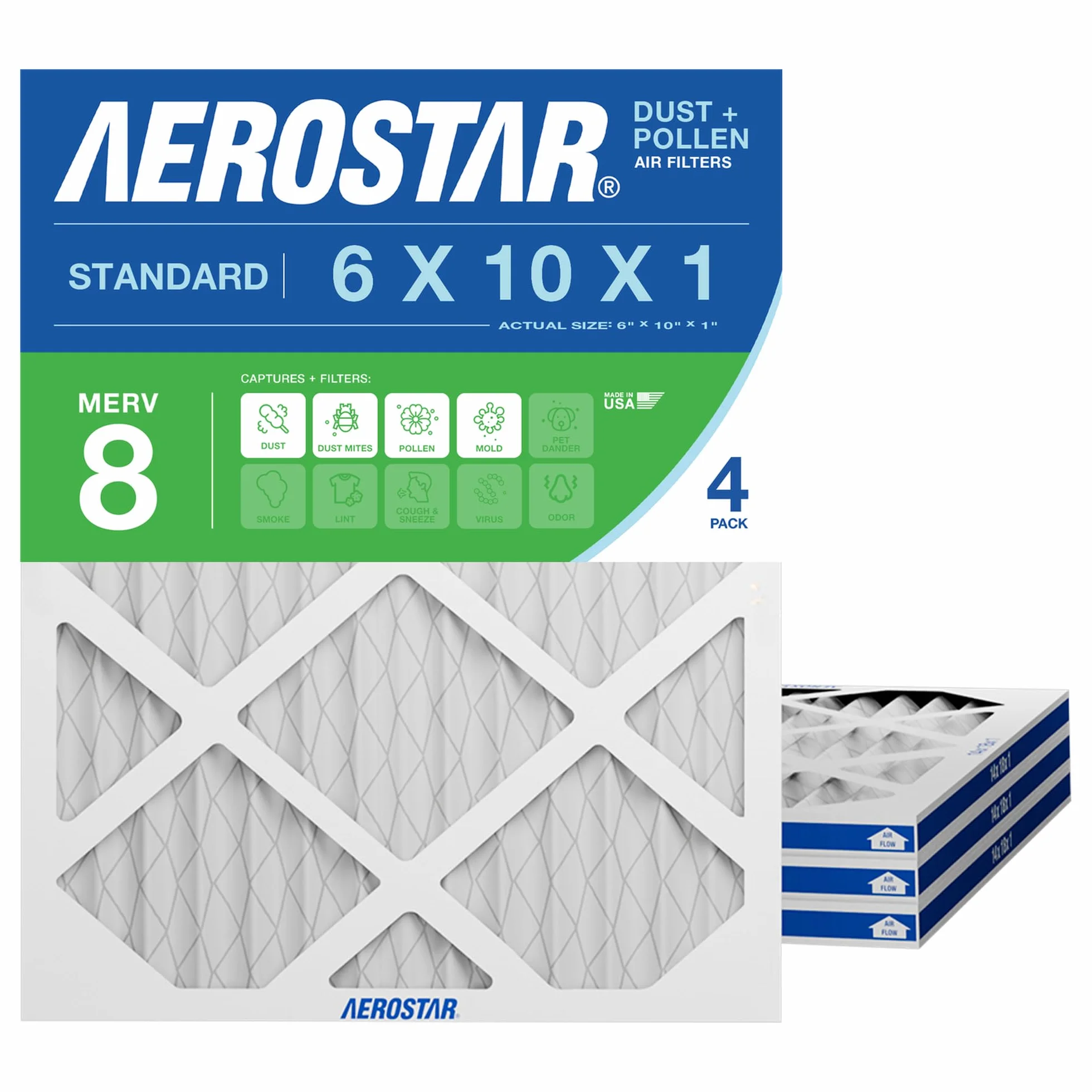 Aerostar MERV 8 - Filtro de aire plisado de alta eficiencia de 6 x 10 x 1, paquete de 4, repuesto electrostático de aire acondicionado para horno, captura el polvo, polen, caspa de mascotas (6 x 10 x