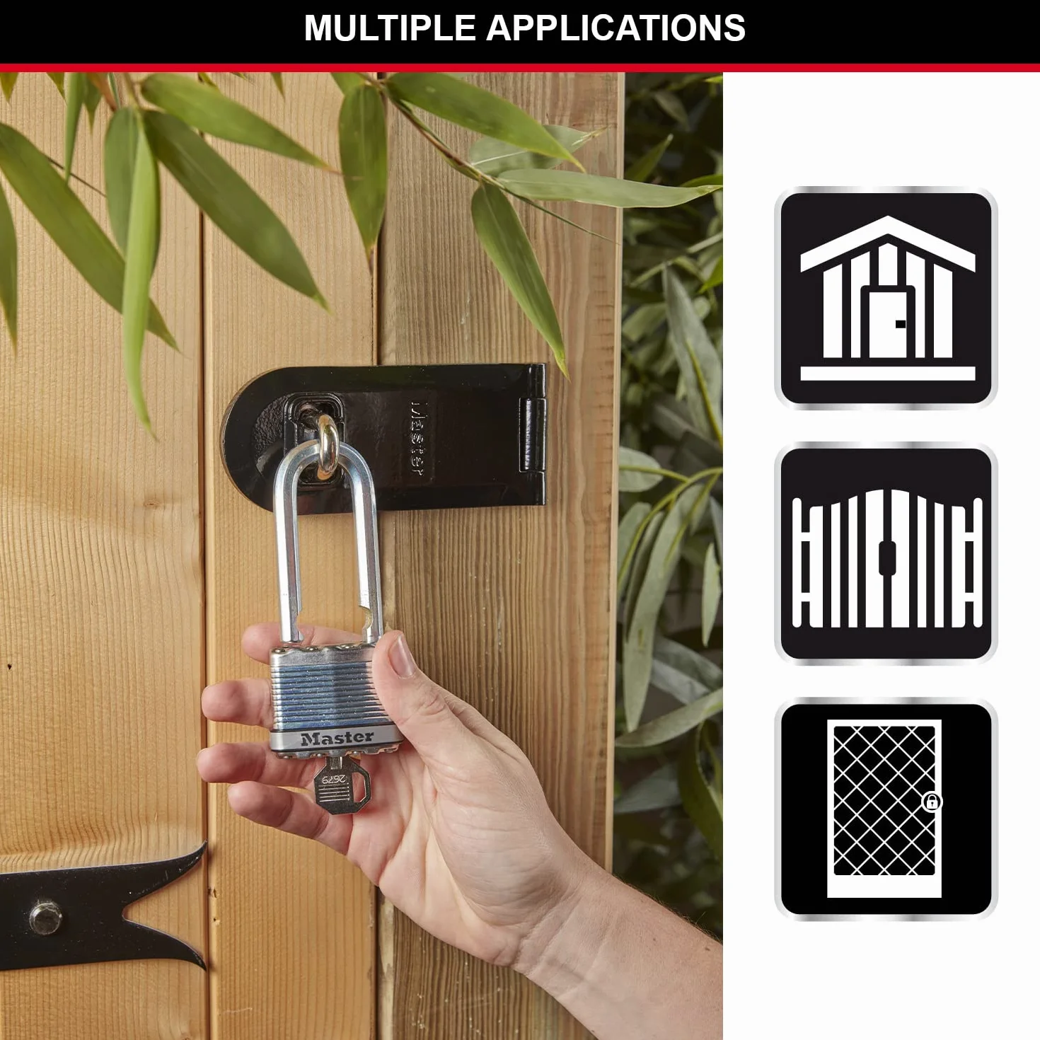Master Lock M5EURDLH Candado Seguridad Llaves Acero Laminado Exterior, Arco Largo, Adecuado para Portales, Garages, Sótanos, 50 mm