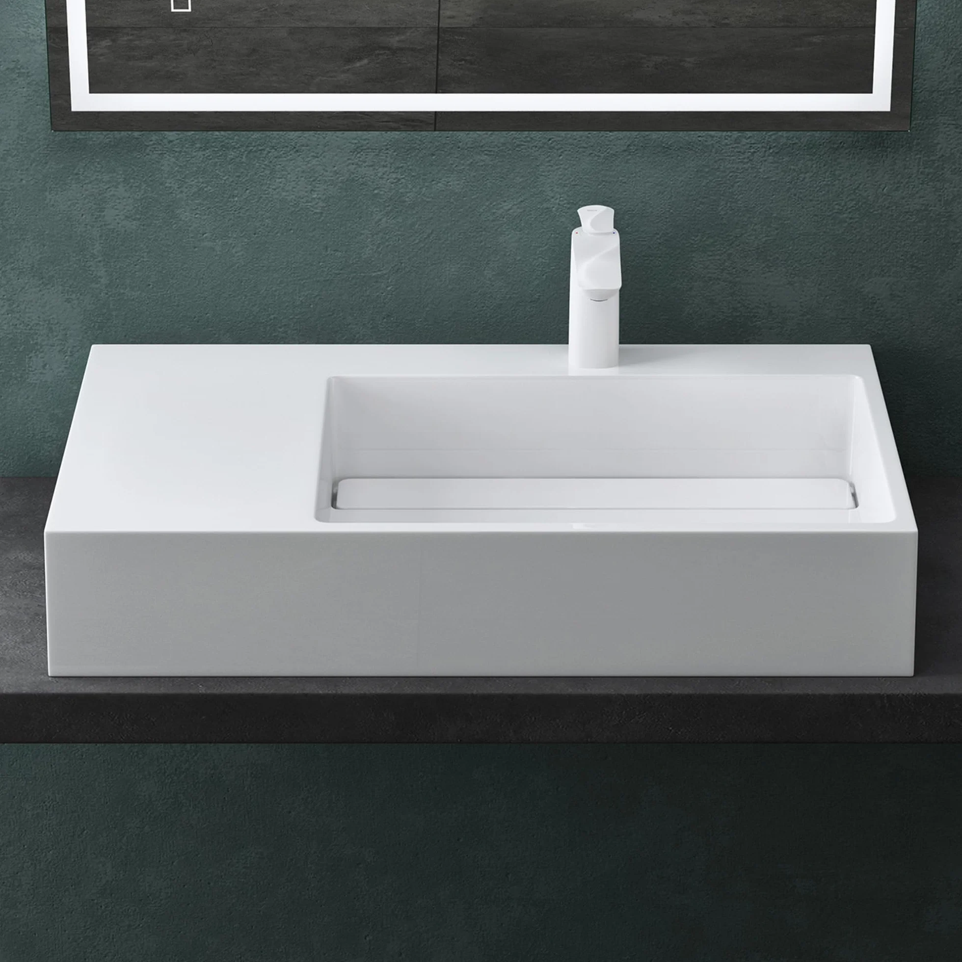 Mai & Mai Lavabo sobre Encimera Lavabo Derecho Suspendido Baño | Rectangular | Blanco Brillante | Mármol Fundido | 75x43x14cm | 1 Orificio para Grifo sin Rebosadero | Colossum12