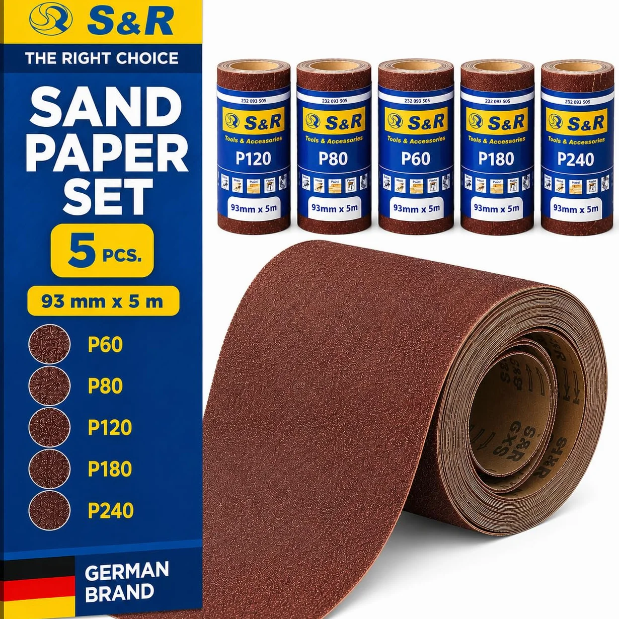 S&R 5 Rollos de Papel de lija para Madera Metal Pared de 93 mm x 5 m grano 60/80/120/180/240