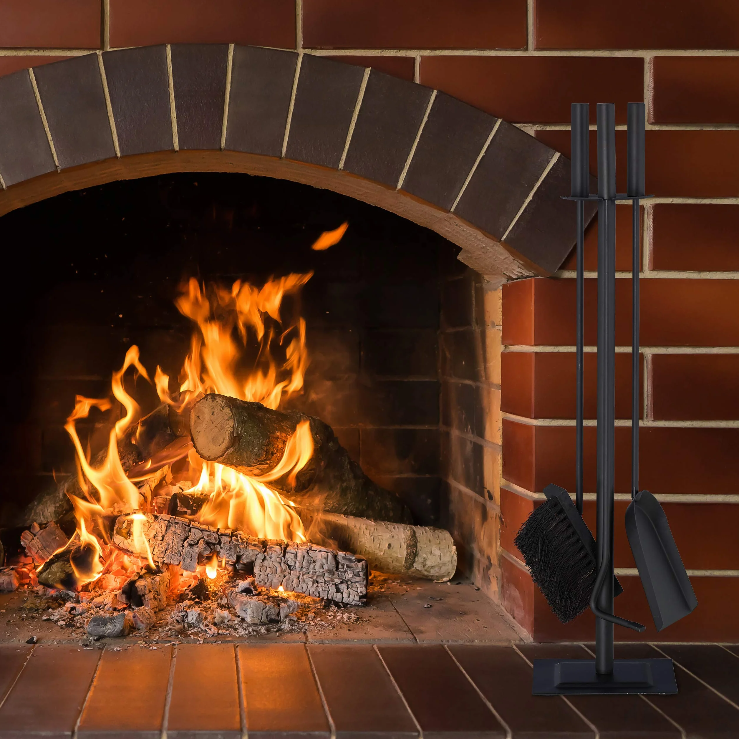 Relaxdays Kit de Accesorios para Chimenea, Atizador, Escoba, Recogedor & Soporte, Moderno, Negro