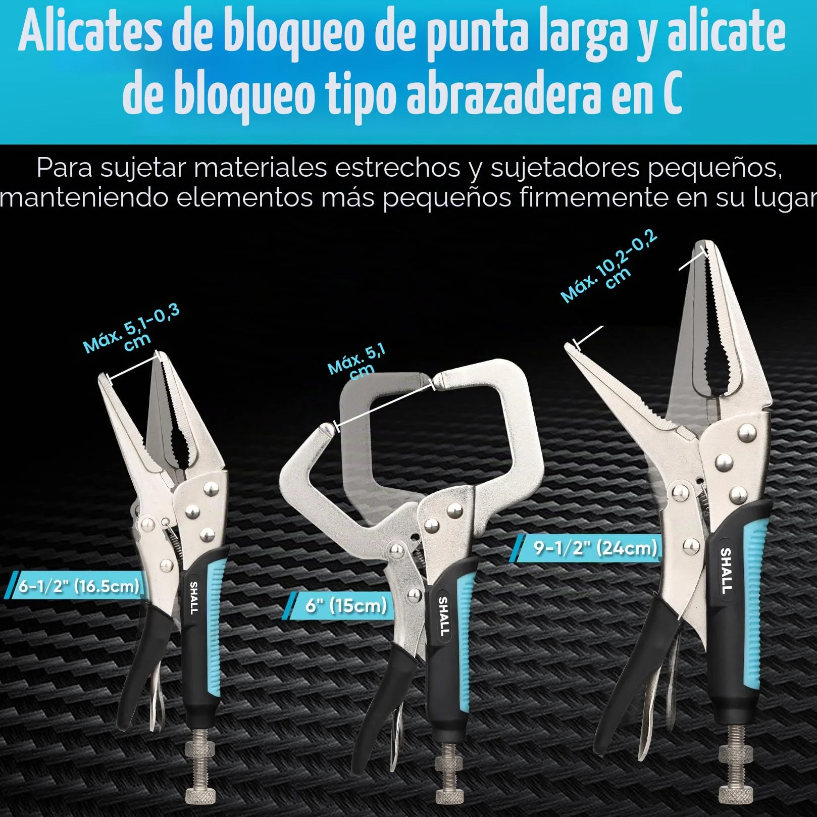 SHALL Alicates de bloqueo de 6 piezas, juego de alicates con mordazas curvas de 5", 7" y 10", alicates de punta larga de 6-1/2" y 9-1/2", abrazadera en C de bloqueo de 6"