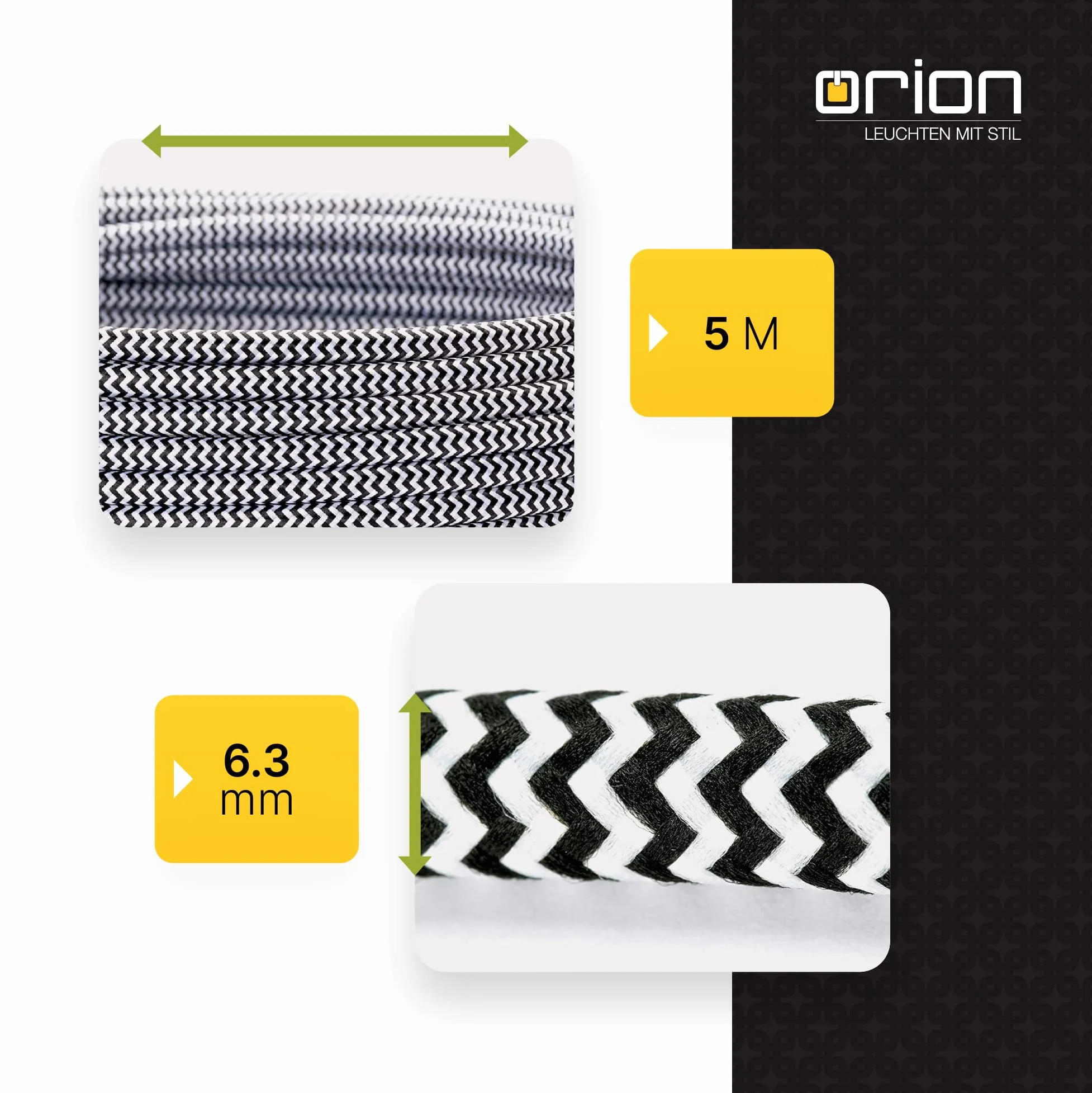 Cable con revestimiento textil, cable de alimentación de 3 hilos, 3 x 0,75 mm², con conductor a tierra, accesorios de lámpara (5 m, Blanco Negro)