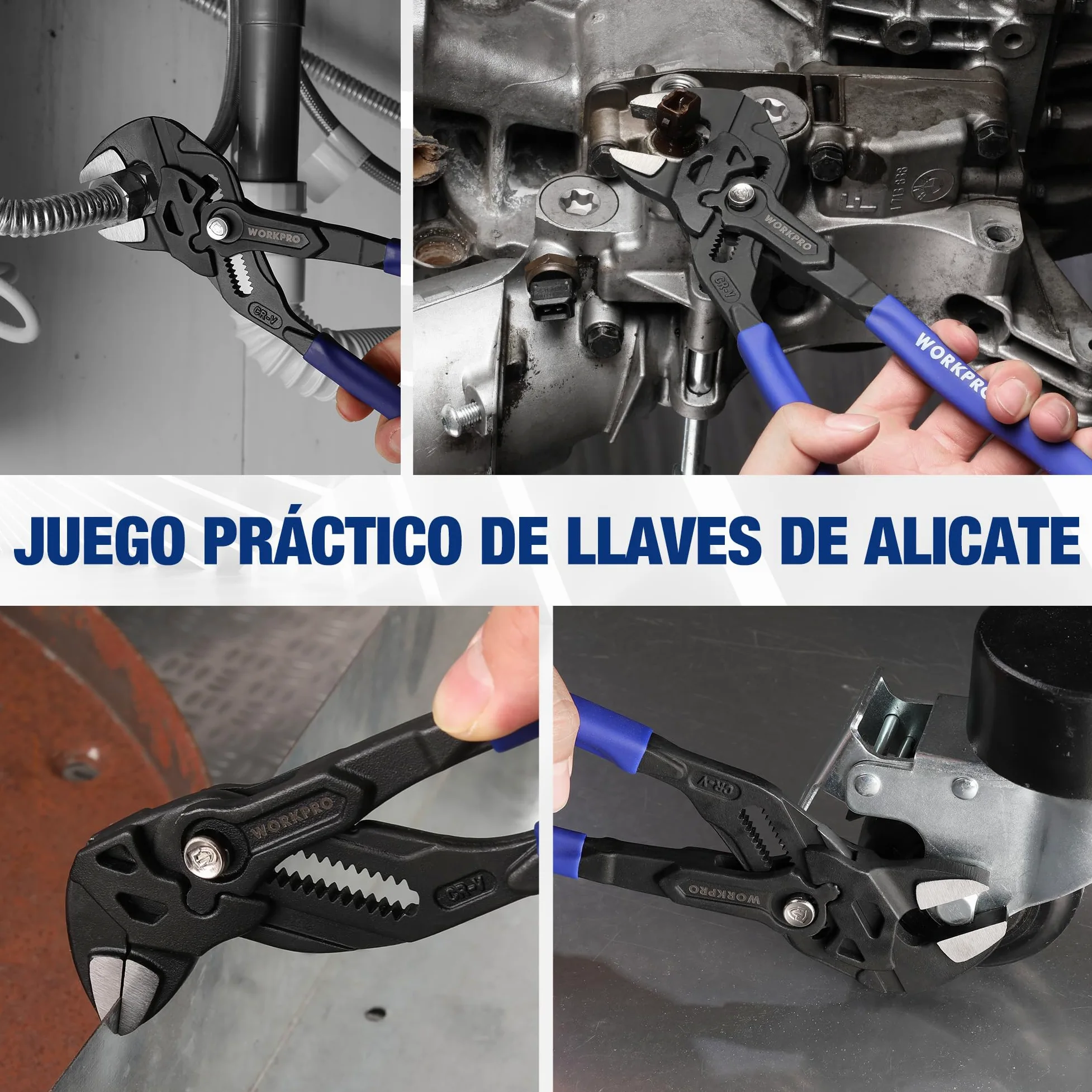WORKPRO Tenaza Llave de 2 Piezas, 180mm/255mm, Juego de Llave de Alicate de Cr-V, Llave Ajustable, Tenazas con Mandíbula de Autoajuste, Apertura Máxima de Mandíbula 40mm/50mm