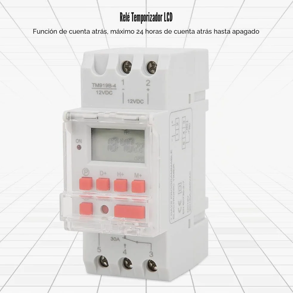 TM919B-4 Interruptor de Temporizador 12V DC 30A, 7 Días Pantalla Digital LCD Temporizador de Encendido y Apagado