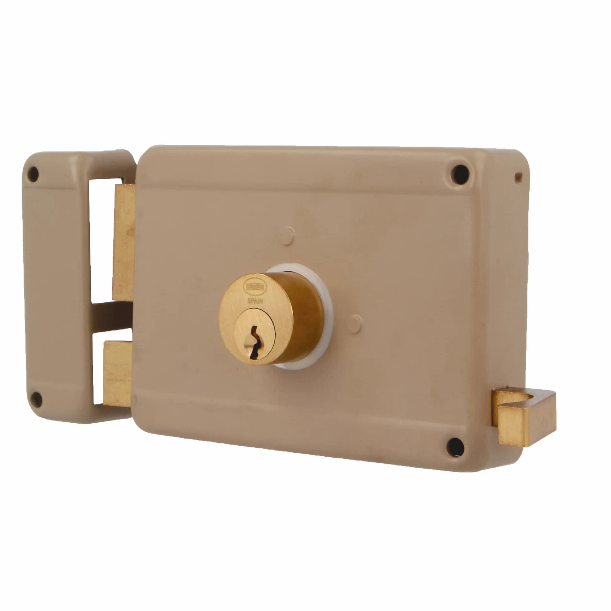 Amig - Cerradura de Sobreponer de Izquierda con palanca de Cierre, Lengüeta y Tirador para Puertas de Madera Mod. 78-120 x 85 mm - Pestillo con Cilindro Redondo de Serreta - Acero Beige