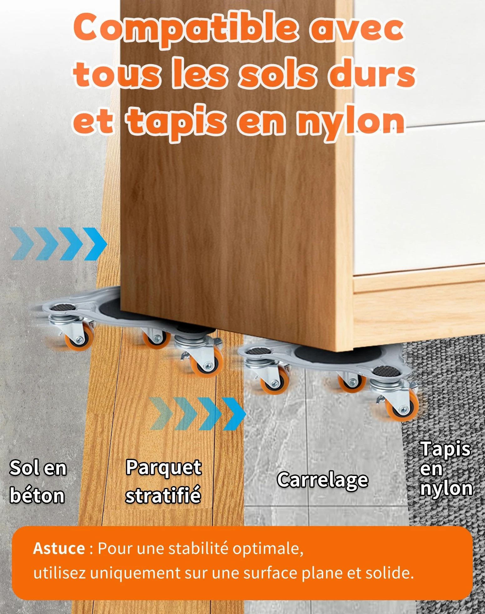 Kit de 4 Rodamientos Deslizantes y 1 Levantador – Mover Muebles de hasta 400 kg, Ruedas de TPE con Giro Total, Ideal para Sofás, Camas, Electrodomésticos
