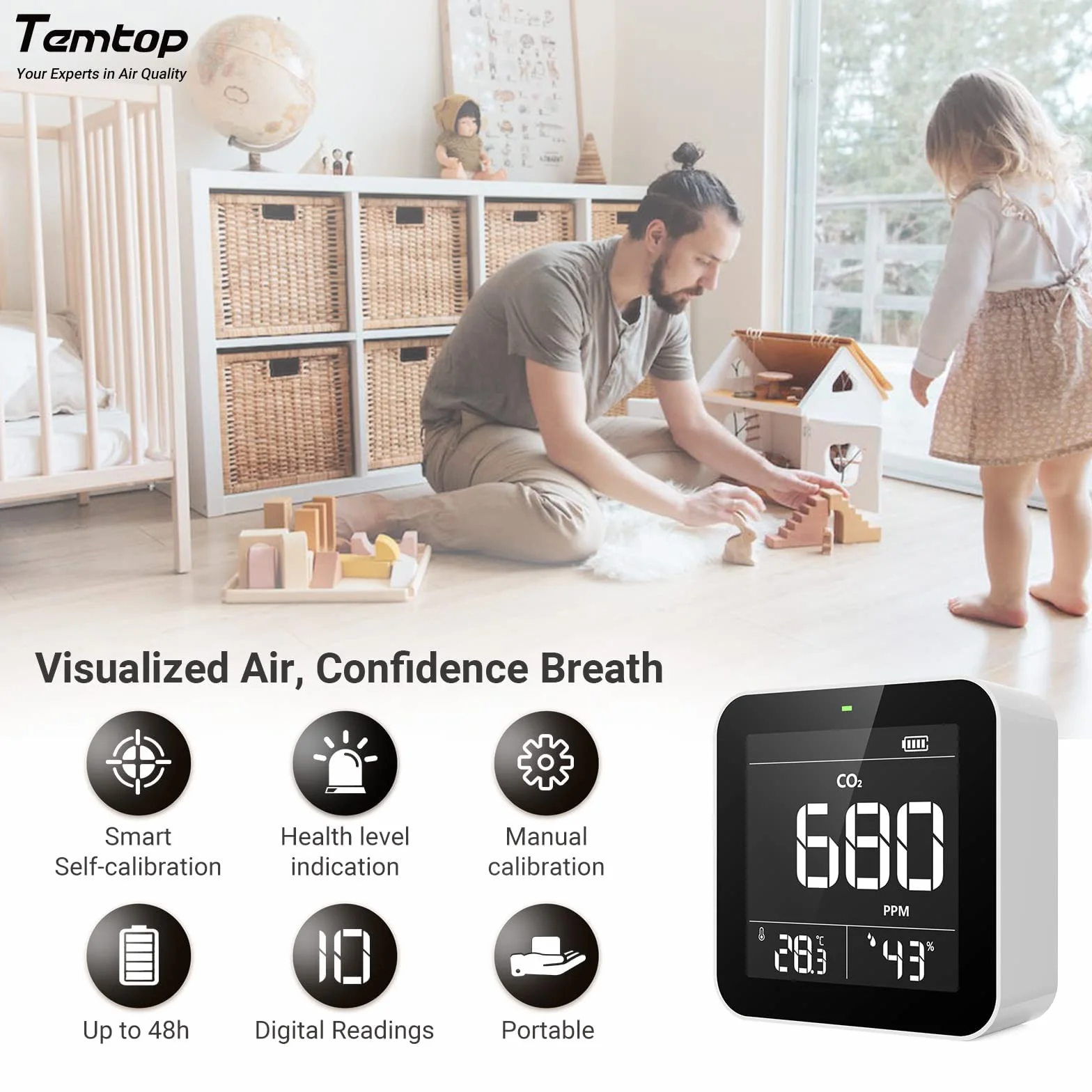 Temtop C10 - Medidores de Calidad de Aire Inteligentes, Detector de CO2, Detector de Calidad del Aire, Monitor de CO2, Detector de dióxido de Carbono Interior, probador de CO2