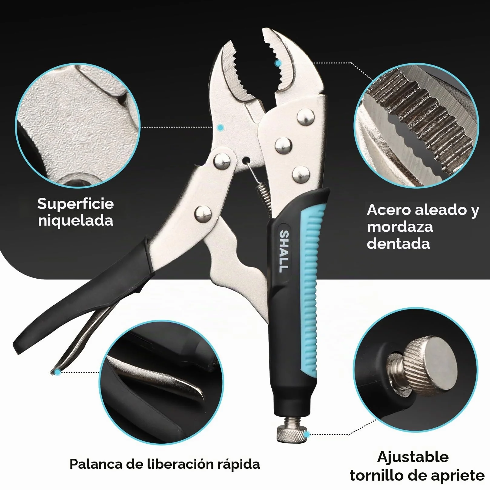 SHALL Alicates de bloqueo de 6 piezas, juego de alicates con mordazas curvas de 5", 7" y 10", alicates de punta larga de 6-1/2" y 9-1/2", abrazadera en C de bloqueo de 6"