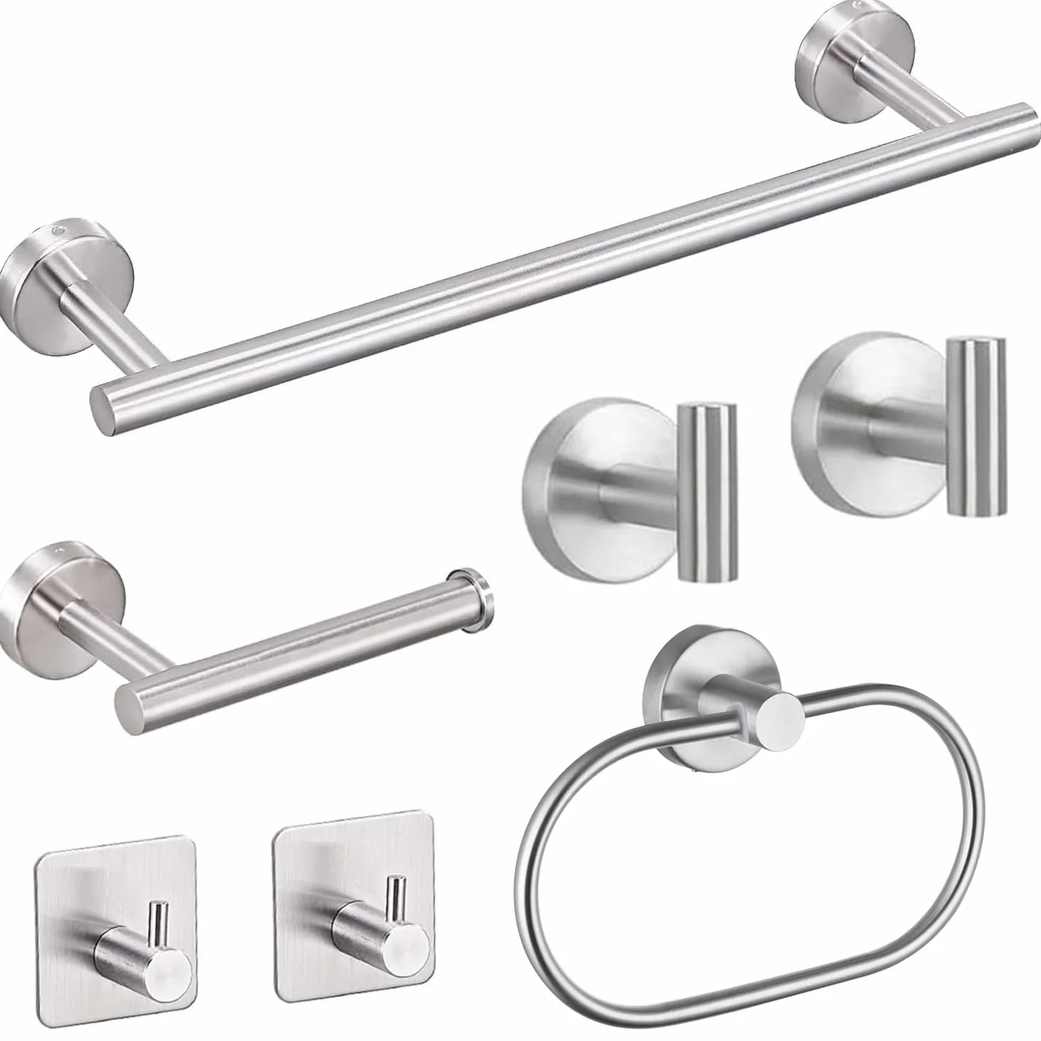 Juego de accesorios de baño de 7 piezas, toallero plateado, accesorio de baño de acero inoxidable SUS304, incluye toallero plateado, soporte para rollo de inodoro, anillo de toalla y ganchos de pared