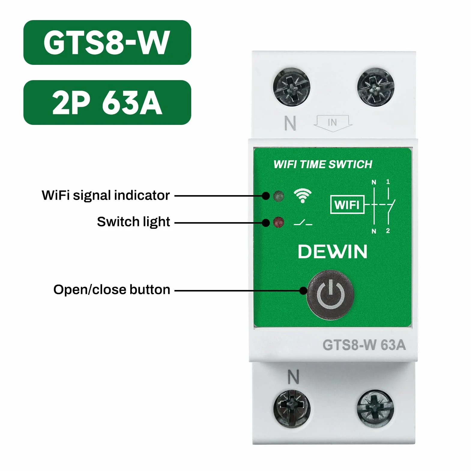 DEWIN WiFi Temporizador Inteligente, 2P CA 230V 63A Rele WiFi Interruptor Inteligente Tuya App Control Temporizador con Programación Instalación en Carril DIN GTS8-W