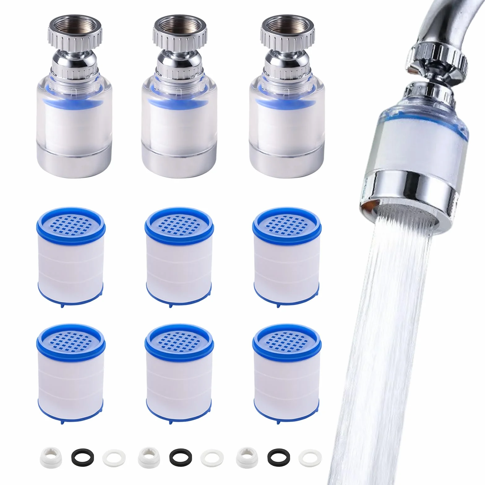 3 Piezas Filtro De Agua Para Grifo 360° Giratorio, Transparente, Con 6 Piezas Elemento Filtrante Algodón Pp, Filtro De Grifo Para El Hogar, Cocina, Baño, Fregadero