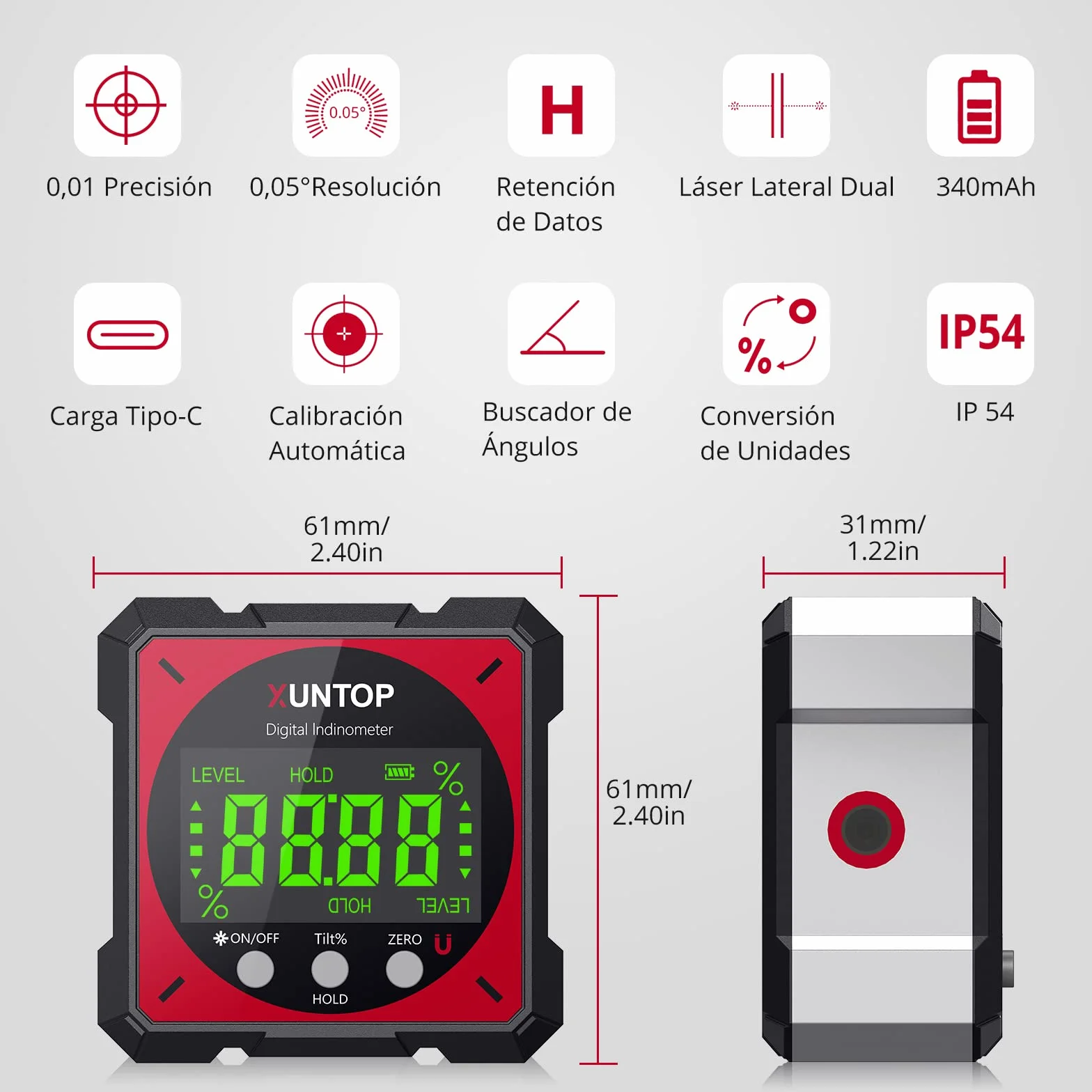 Inclinometro Digital 4x90° con Laser Electronico IP54 Impermeable