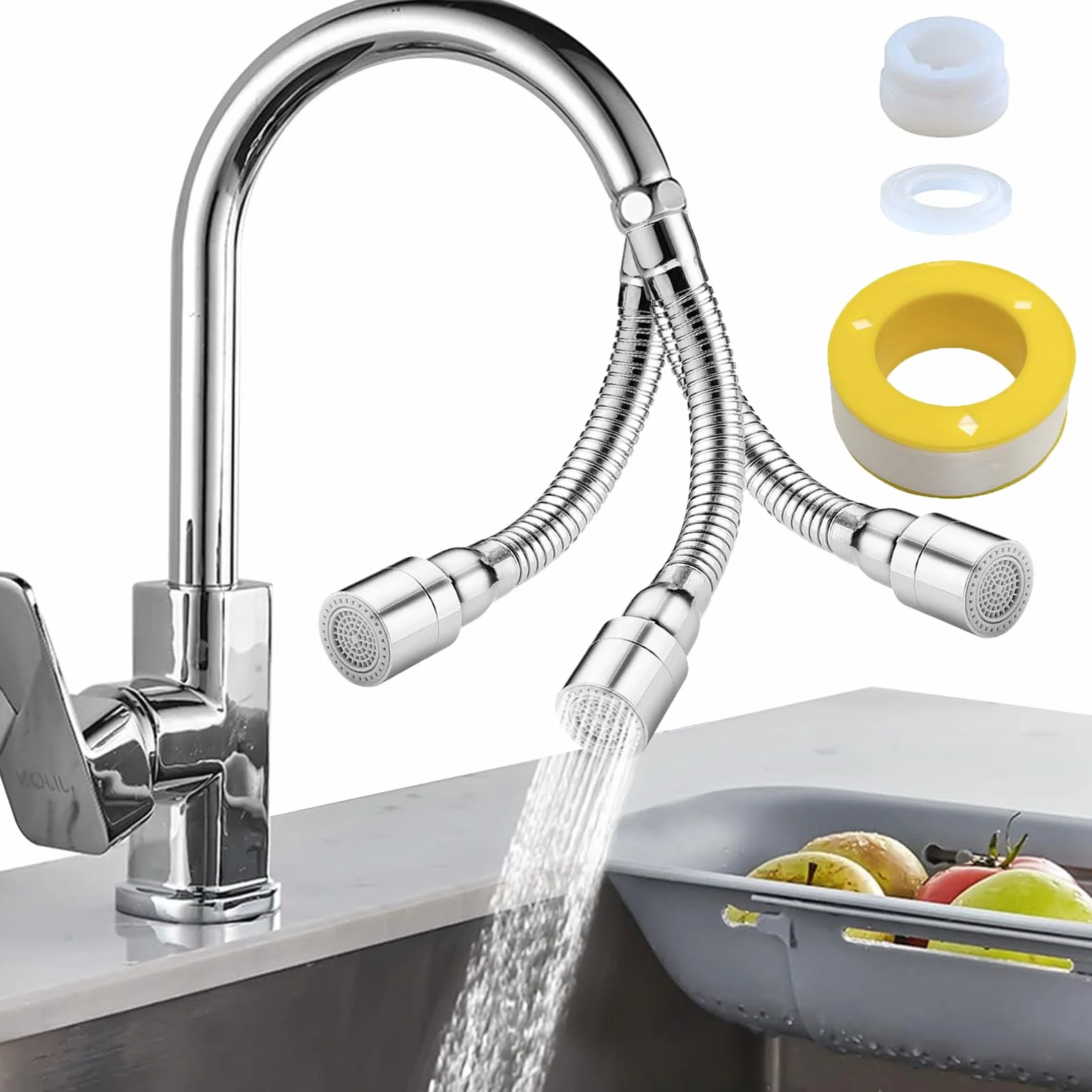Extensor Grifo, Extensión de Grifo Cocina 30 cm Inoxidable, Extensor de Tap Giratorio de 720° Grados, Con Adaptador de Rosca de Transferencia y Junta Antifugas, para Baños y Cocinas