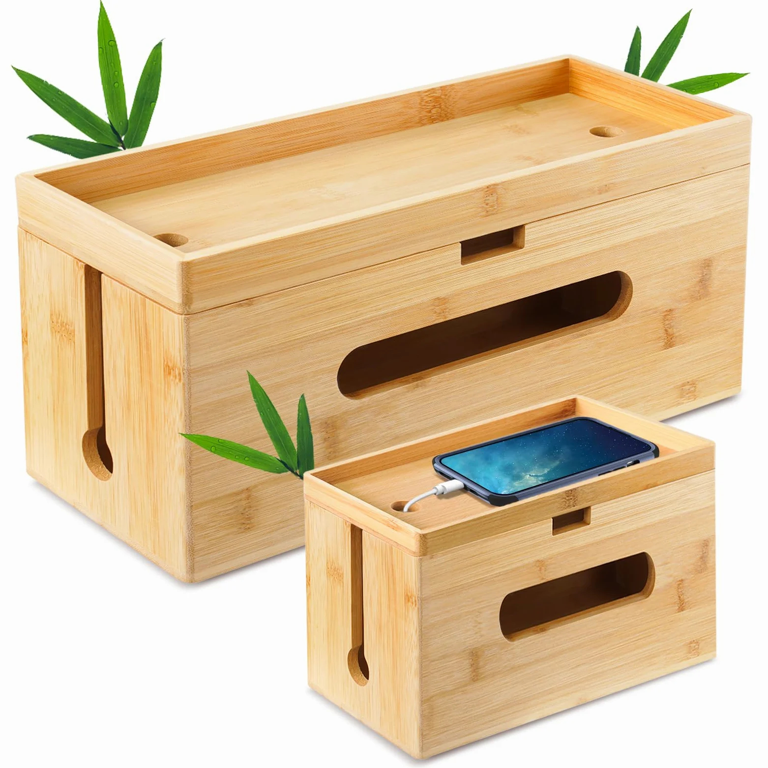 Caja de cables de madera [juego de 2 | grande y pequeño] de bambú sostenible – Caja de gestión de cables para ocultar cables enredados – Caja de enchufe colector de cables, caja organizador