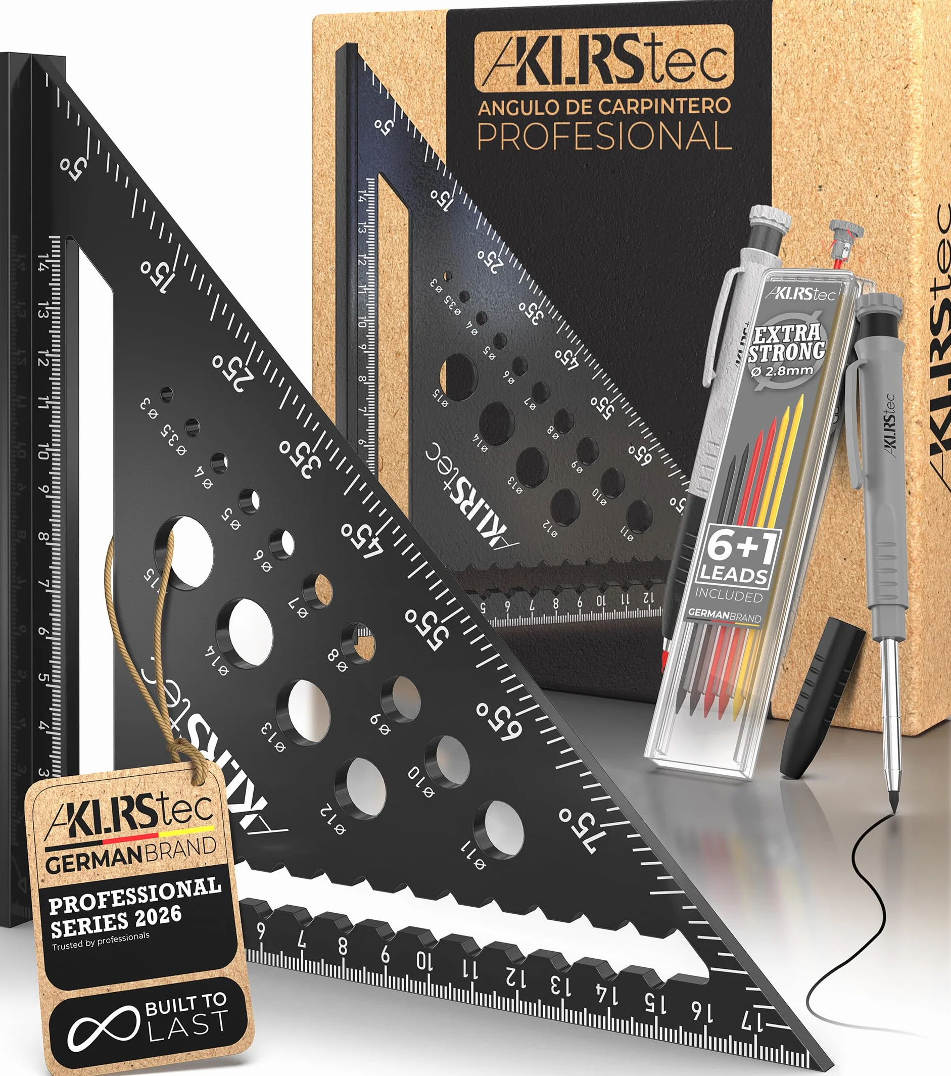KLRStec Escuadra de Carpintero Profesional – Juego de Herramientas para la madera multifunción. Lapiz de carpintero y minas de repuesto incluido [7 Piezas]