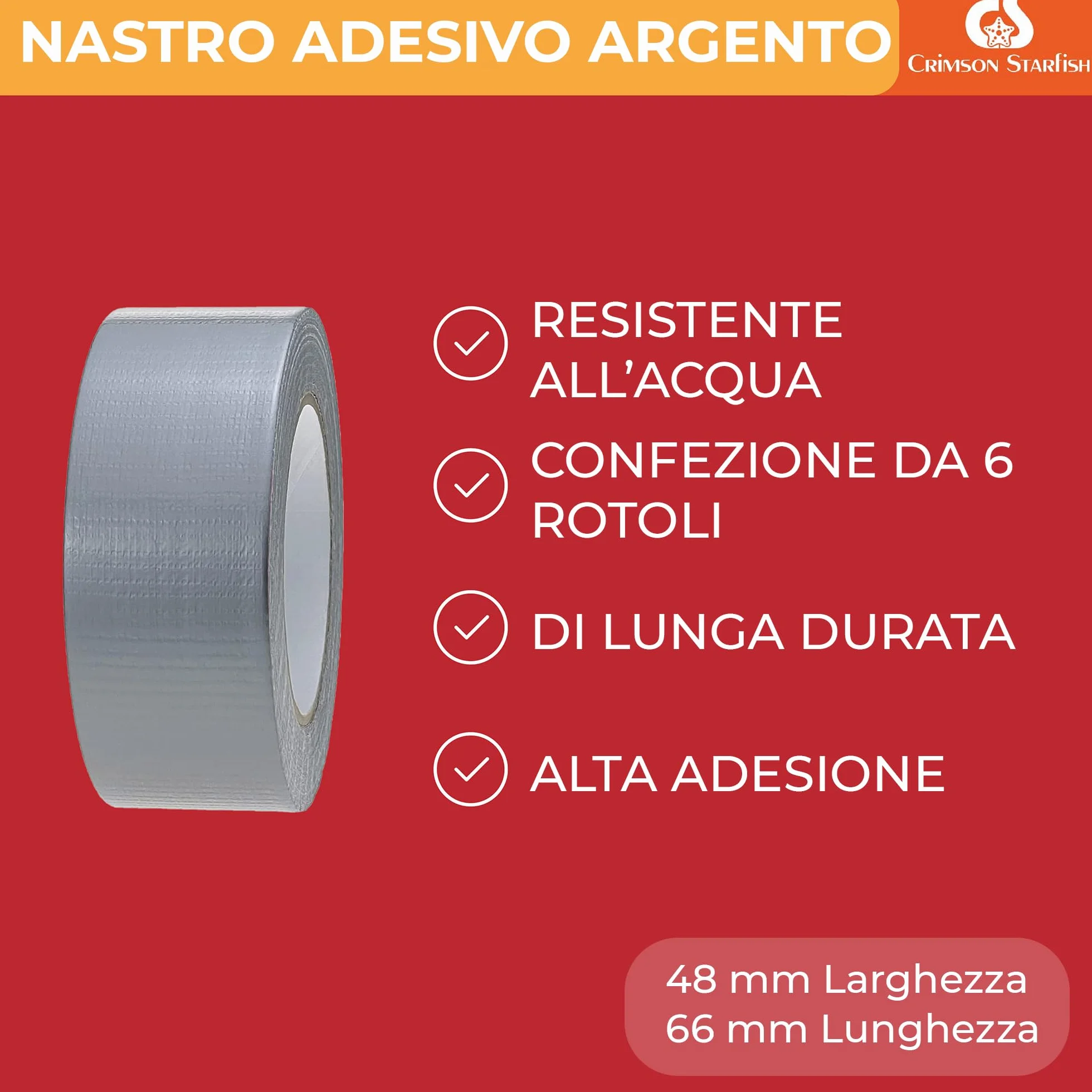 Crimson Starfish Cinta adhesiva plateada,6 rollos de cinta adhesiva Gaffer de 48 mmx45 m, cinta adhesiva multiusos para interiores y exteriores, cinta adhesiva ultra fuerte