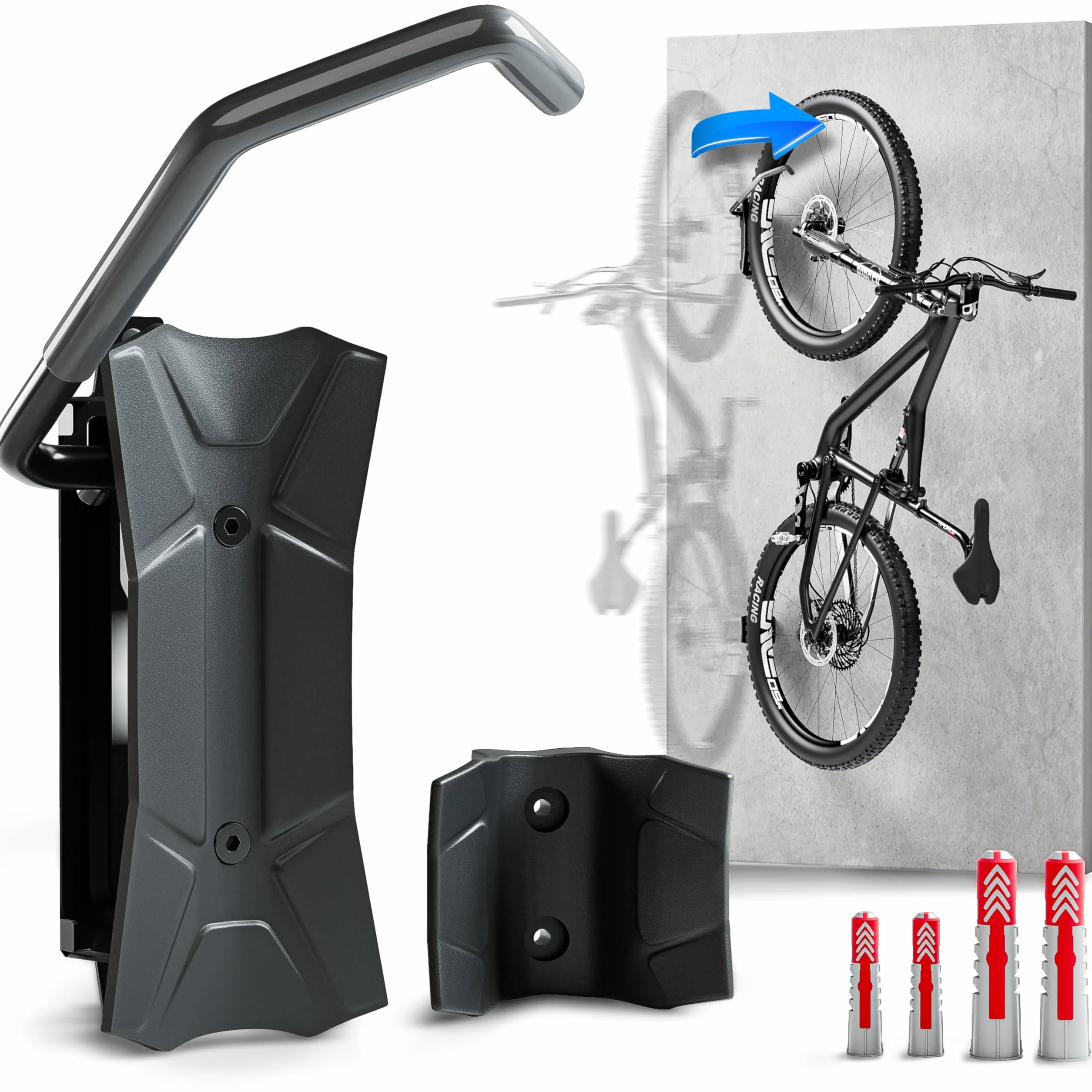 Borgen Soporte Bicicleta Pared Giratorio hasta 35 kg – Soporte Bici Vertical Ahorra Espacio – Incl. Tacos Fischer DuoPower para Montaje Seguro – Embalaje sin plástico