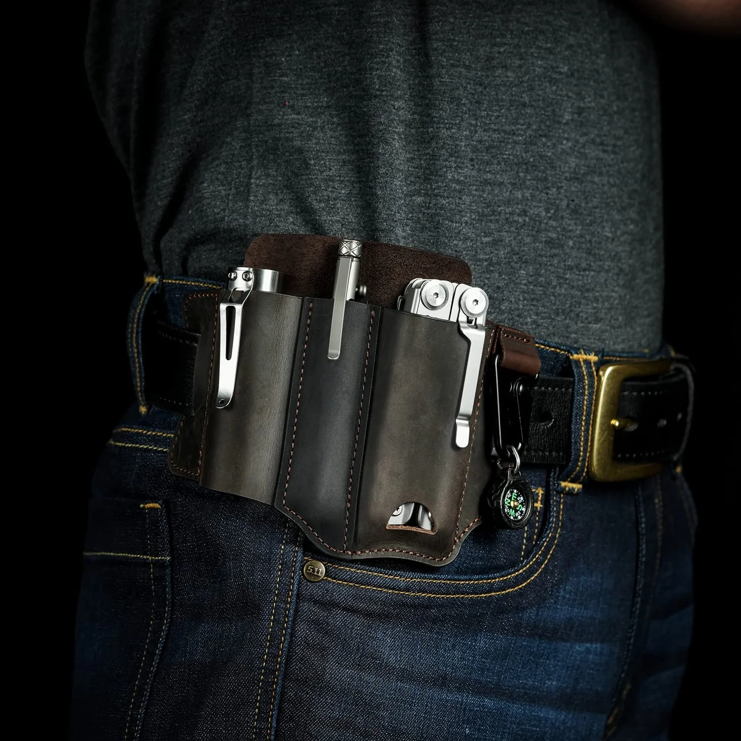 VIPERADE PJ13 EDC Funda de cuero, Multitools Funda/Herramientas Funda/Cuchillo Cinturón Funda/Linterna Vaina para Leatherman Multitools/Cuchillos, Hecho a Mano 3 Bolsillos Organizador Funda