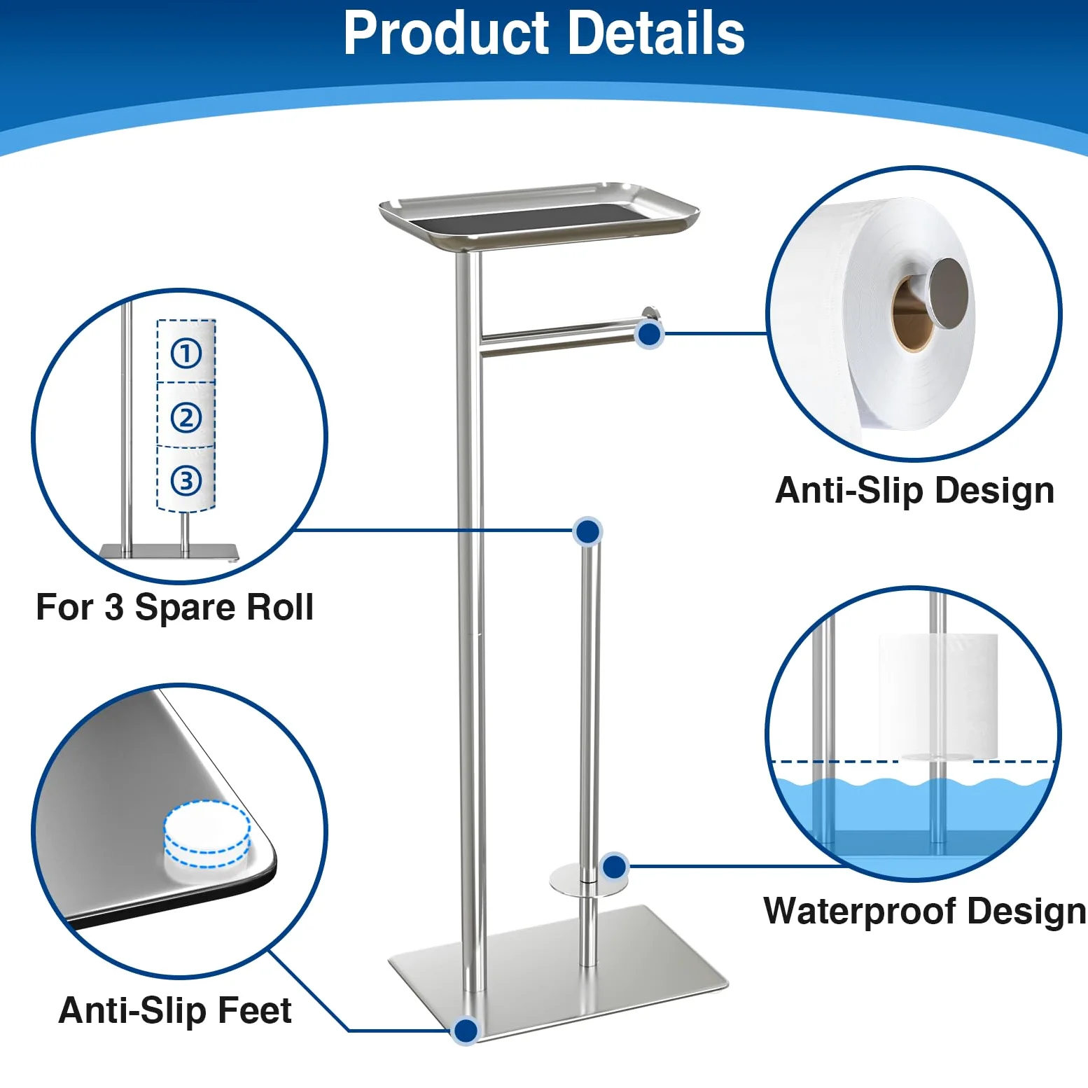 Portarrollos de Papel higiénico Independiente con Estante Superior, Capacidad para 4 Rollos, dispensador de Papel higiénico de baño de Acero Inoxidable, Plata