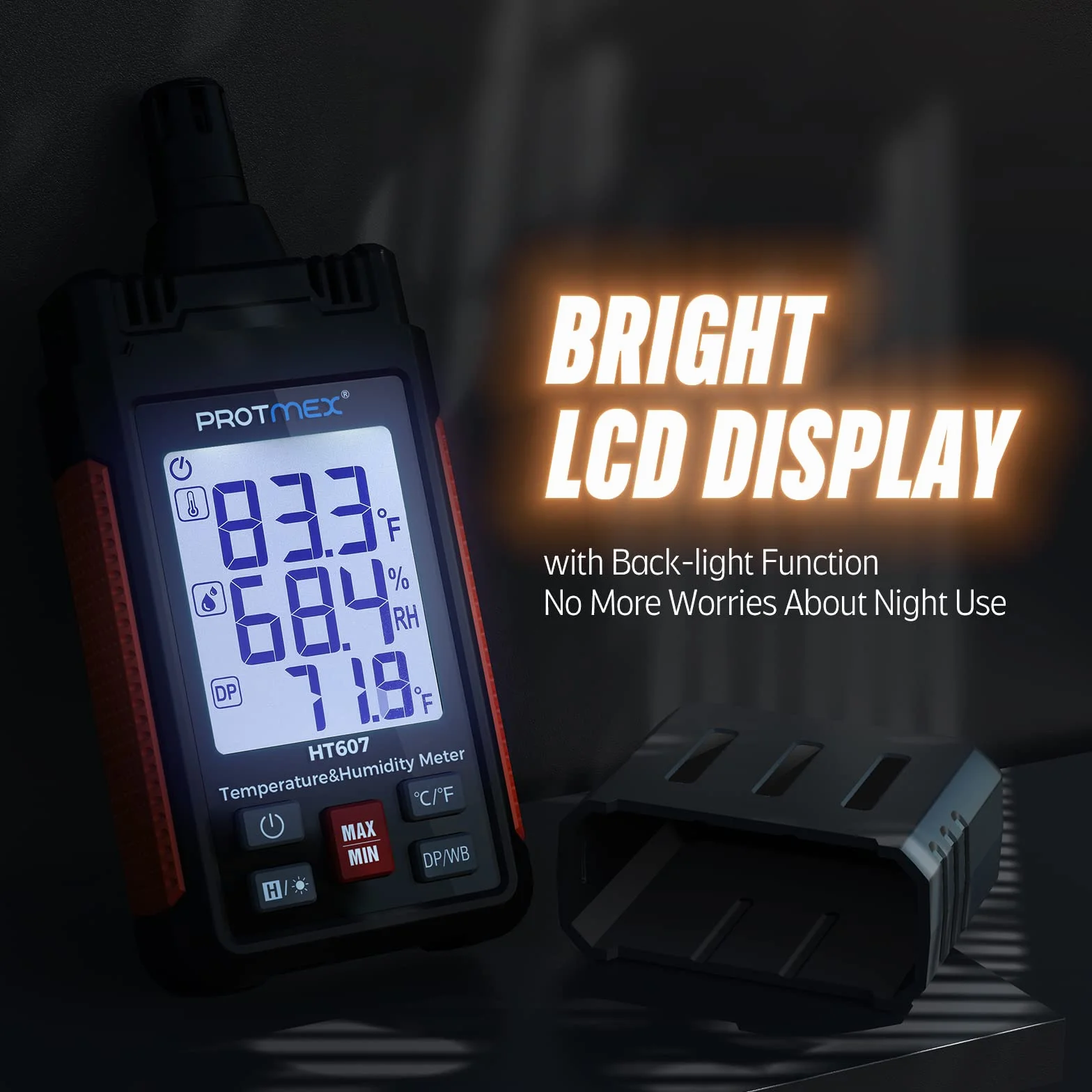HT607 Medidor de temperatura y humedad de alta precisión con temperatura ambiente, humedad relativa, punto de rocío, termómetro de bulbo húmedo, retención mín./máx., retroiluminación LCD