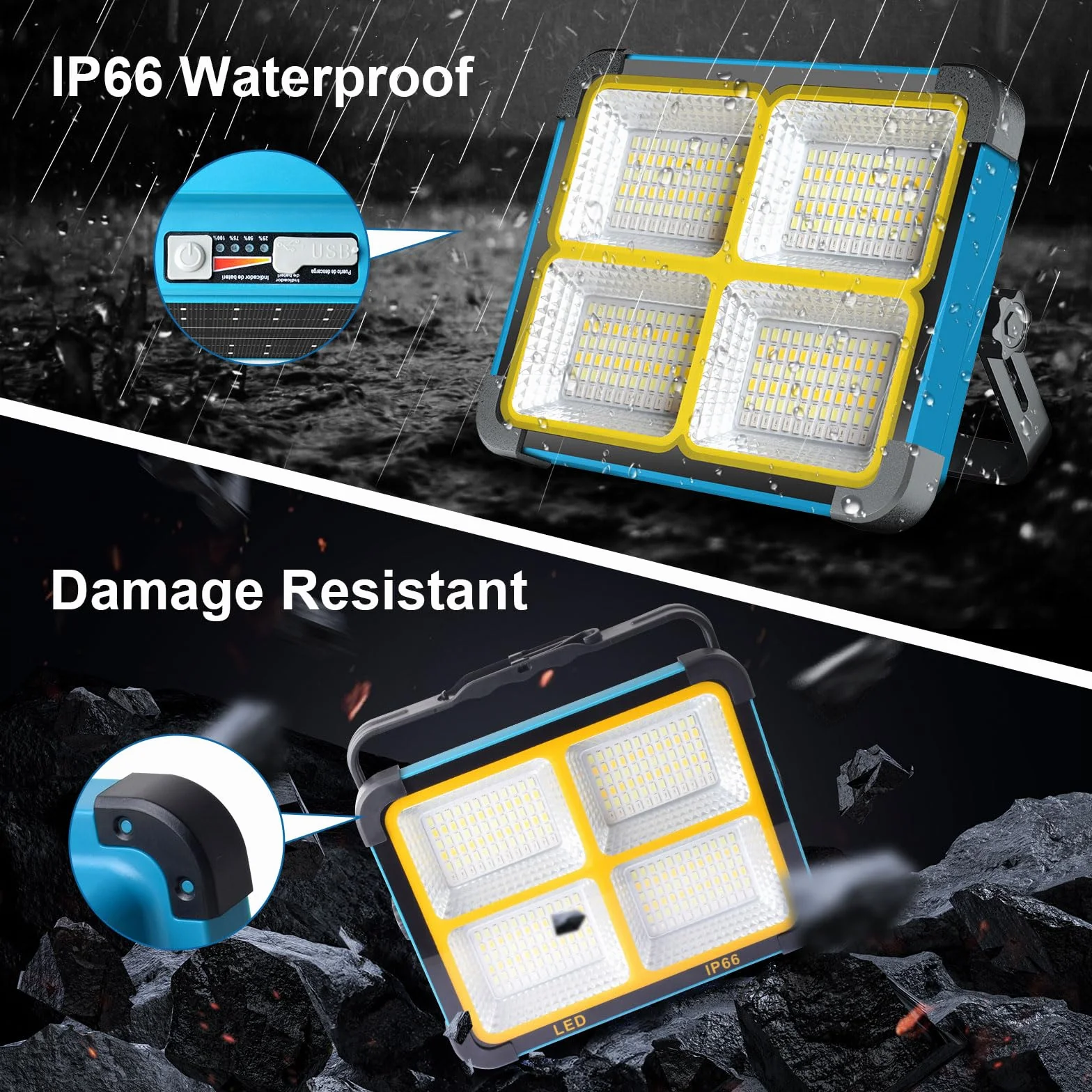 Foco LED Recargable 100W, 10000mAh/ 288 LEDs/Panel Solar/ 5 Modos de Luz/Base Magnética/Banco de Energía, Foco de Trabajo Portátil LED para Camping, Trabajo, Pesca