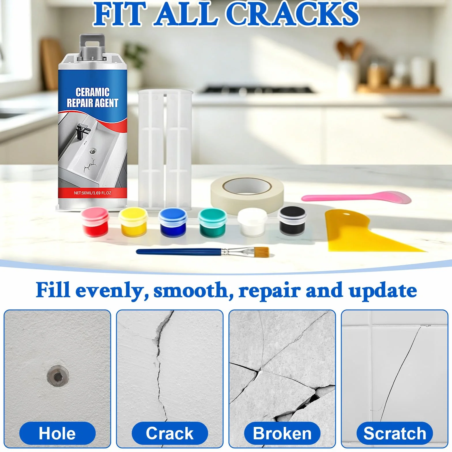 Juego de Reparación de Esmalte 50 ml,Kit Reparacion Baldosas, Adecuado para Grietas, Agujeros y Arañazos en Azulejos, Lavabos, Bañeras y Mármol