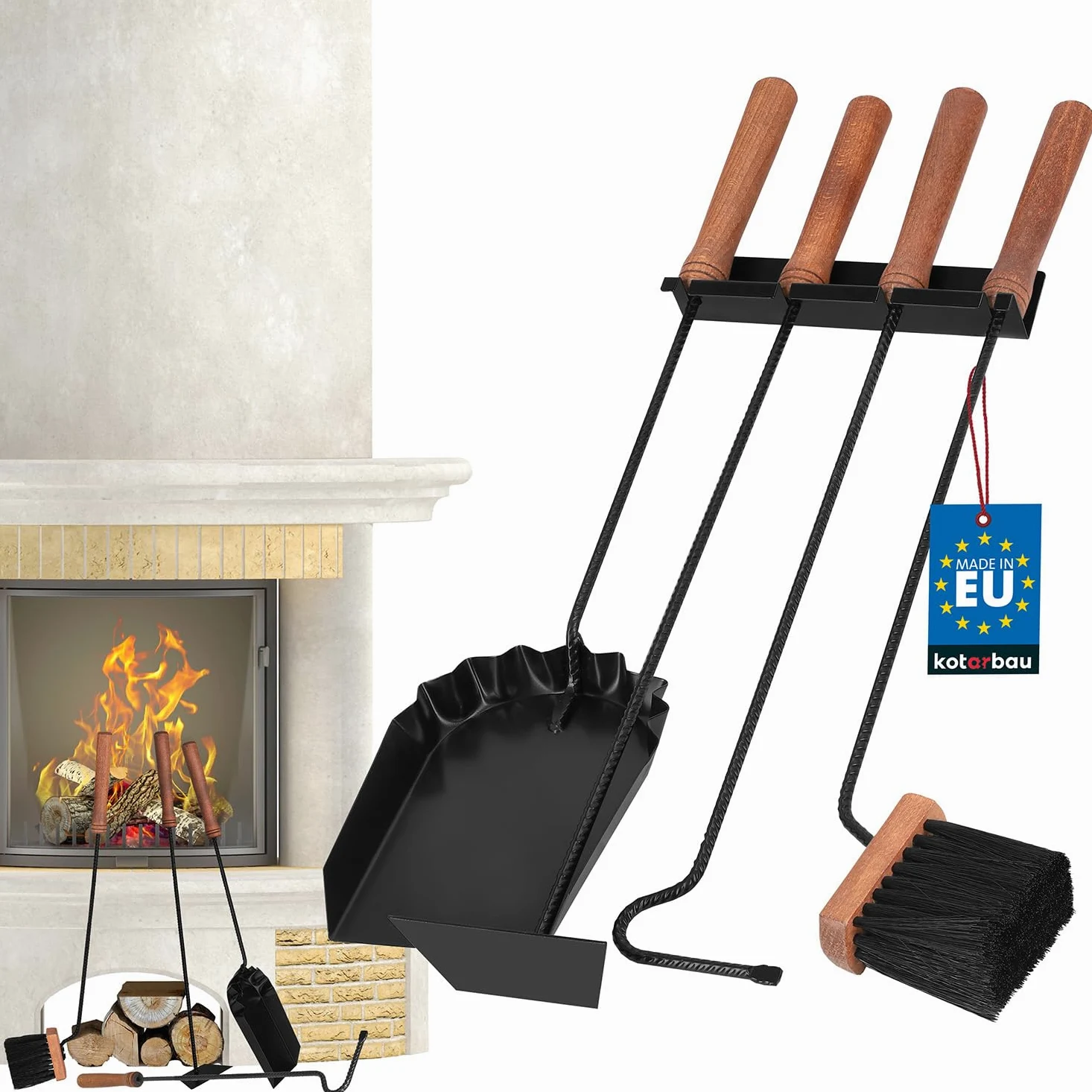 KOTARBAU® Juego de utensilios para chimenea, color negro, modernos, accesorios para estufa, juego de cepillo, pala, rascador de cenizas, juego de limpieza de acero y madera, accesorios para chimenea