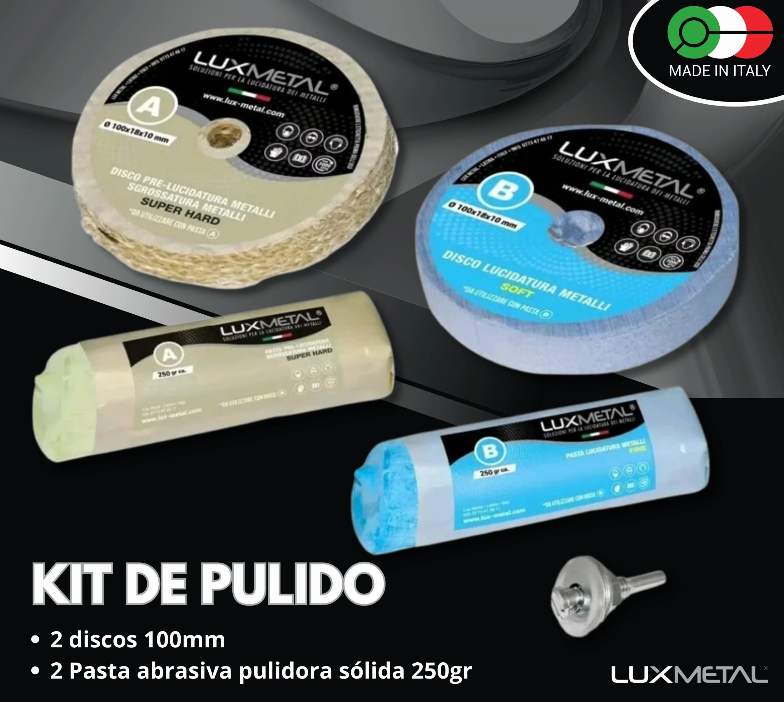Lux Metal - Kit de Pulido 2 Pasta de Pulido Abrasiva de 250 g y 2 Discos de Pulido 100 mm Sisal Algodón Discos Broca para Pulir Metales Acero Inoxidable Aluminio Set de Pulido Latón Cobre Rueda